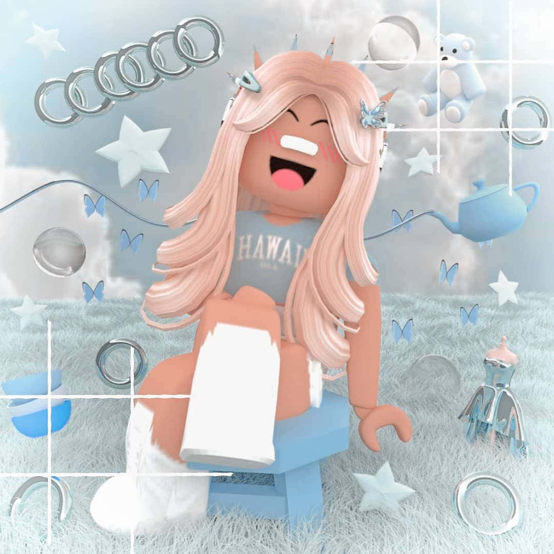 Roblox avatar, pink hair, blue stool, SD Desktop Wallpaper