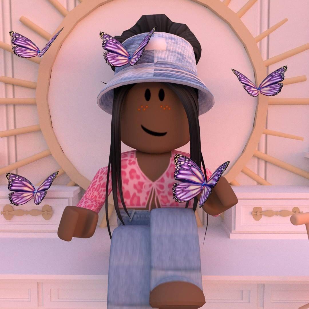 Roblox avatar, long dark hair, blue hat, SD Desktop Wallpaper