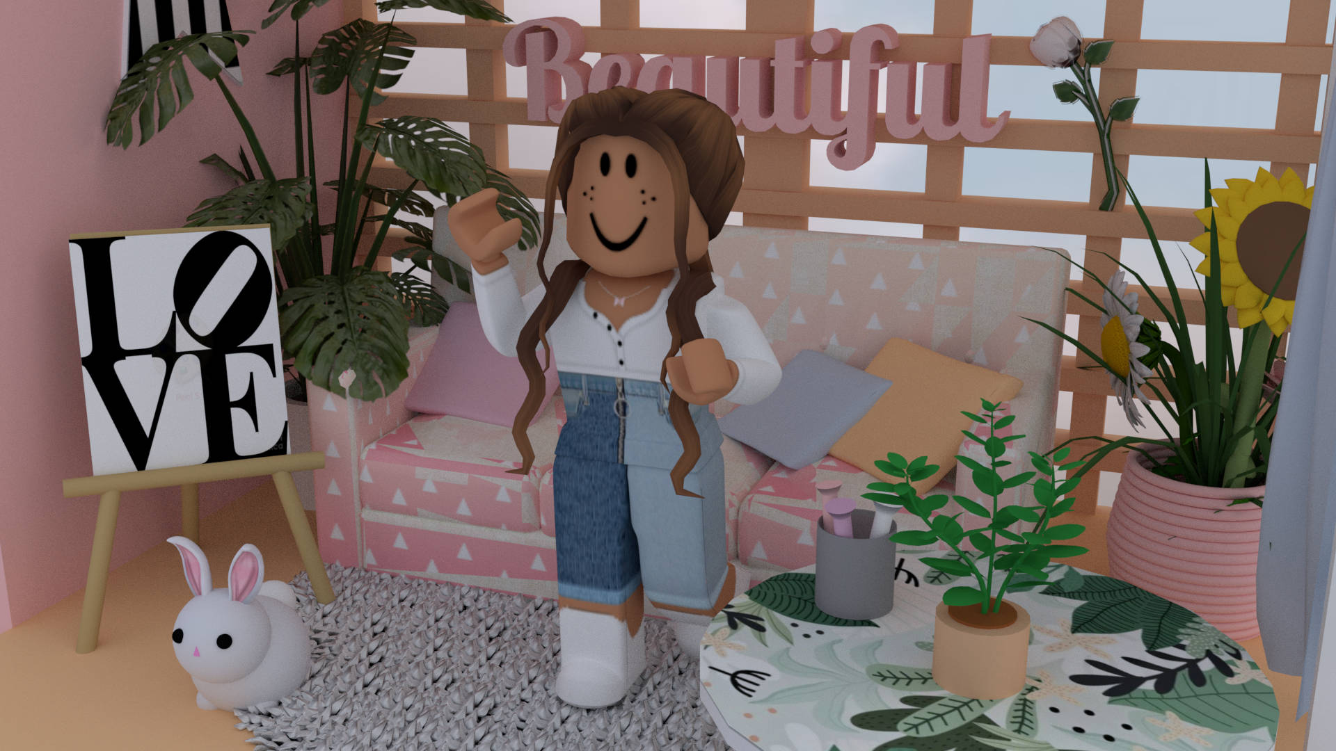 Roblox avatar, pink room, plants, Full HD Desktop Wallpaper