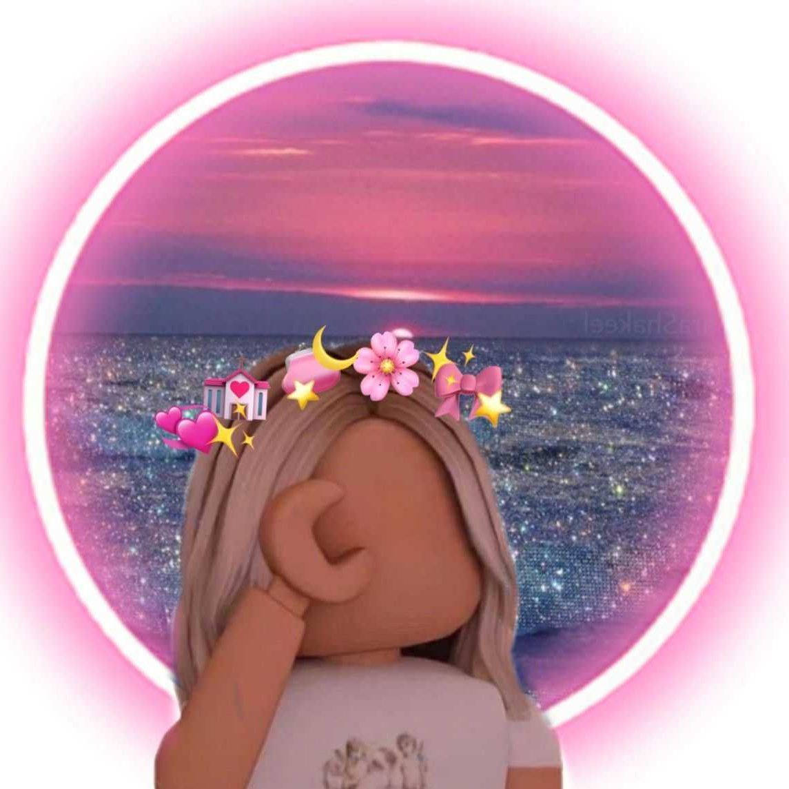 Roblox avatar, pink hair, whimsical emoji accessories, SD Desktop Wallpaper