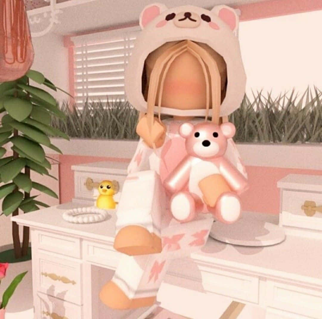 Roblox, pink bear hooded outfit, teddy bear, SD Desktop Wallpaper