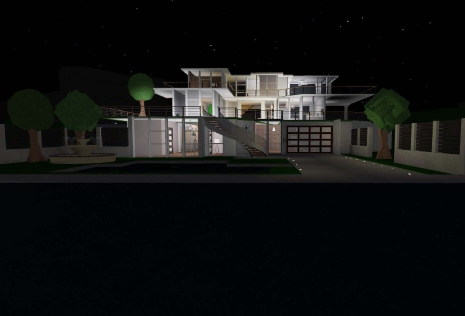 Roblox Bloxburg, modern glass and concrete house, night, HD Desktop Wallpaper