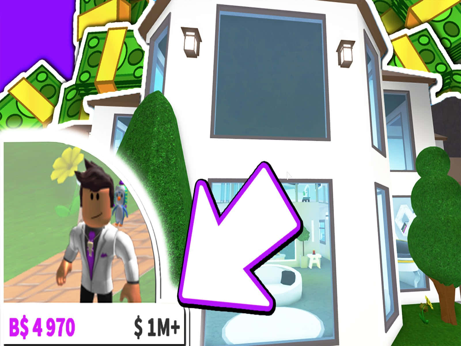 Roblox Bloxburg, white mansion, floating money bills, HD Desktop Wallpaper