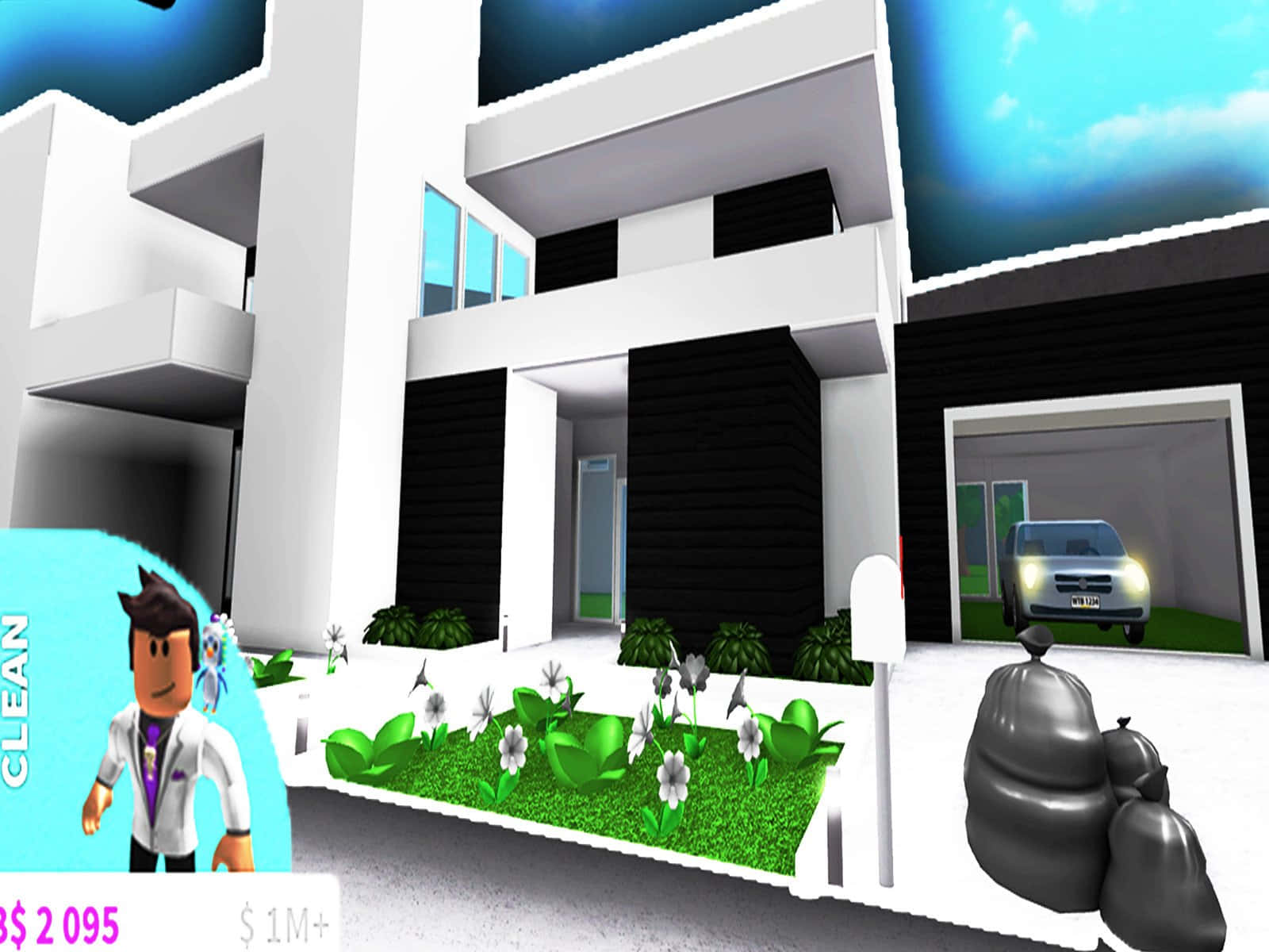 Roblox Bloxburg, white and black house, green lawn, HD Desktop Wallpaper
