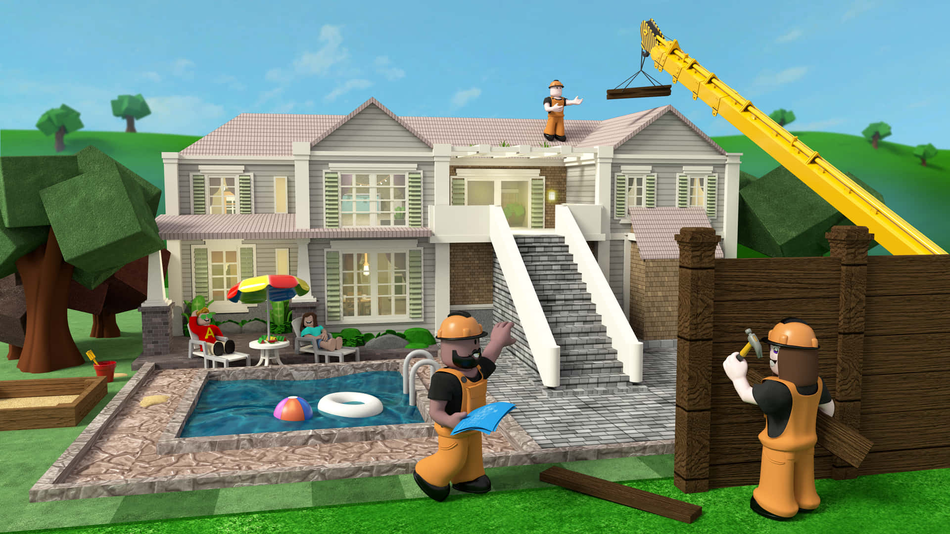 Roblox Bloxburg, blocky construction workers, large house, Full HD Desktop Wallpaper