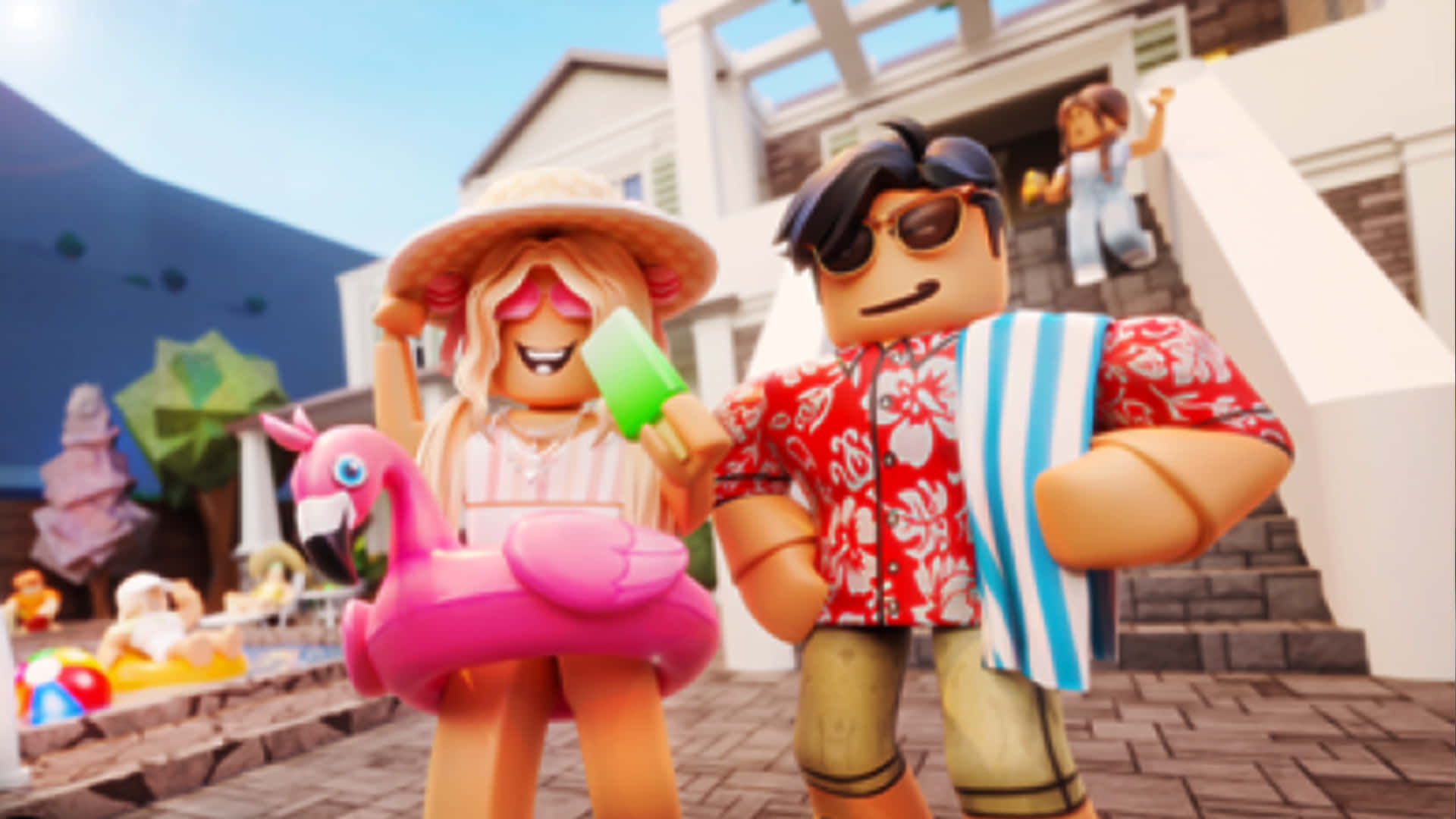 Roblox, Bloxburg, pink flamingo float, Full HD Desktop Wallpaper