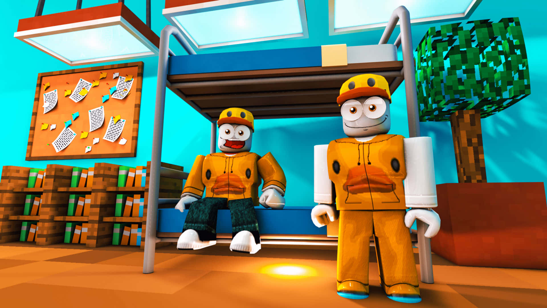 Roblox Bloxburg, blocky cartoon characters, orange outfits, Full HD Desktop Wallpaper