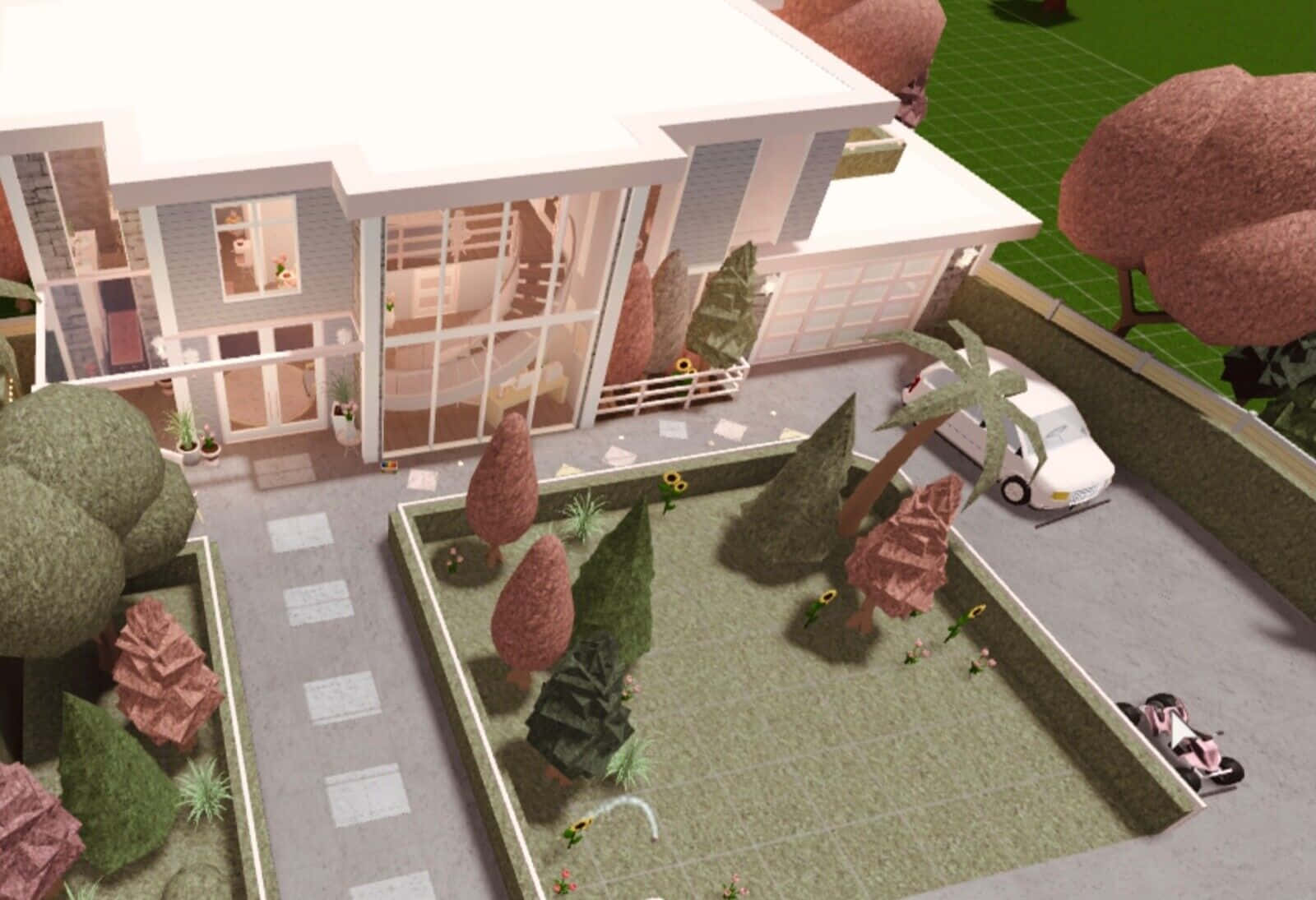 Roblox Bloxburg, modern white house, glass walls, HD Desktop Wallpaper
