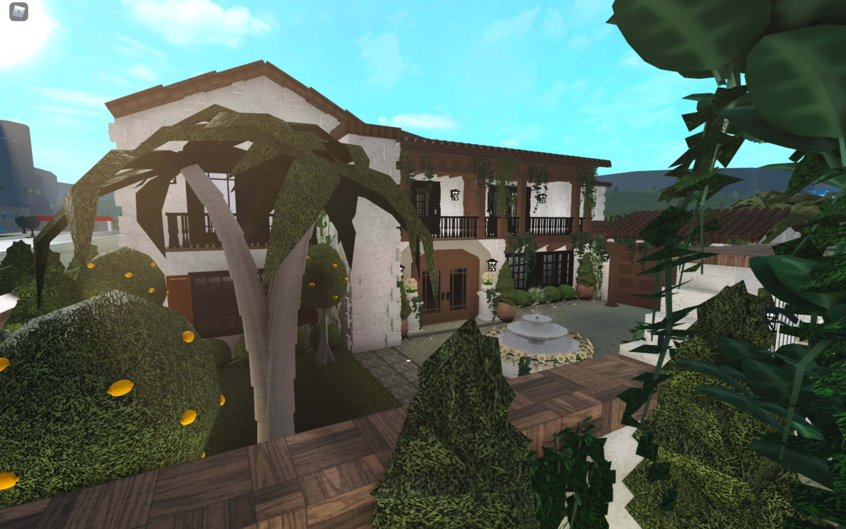 Roblox Bloxburg, Mediterranean-style house, white walls, 2K Desktop Wallpaper