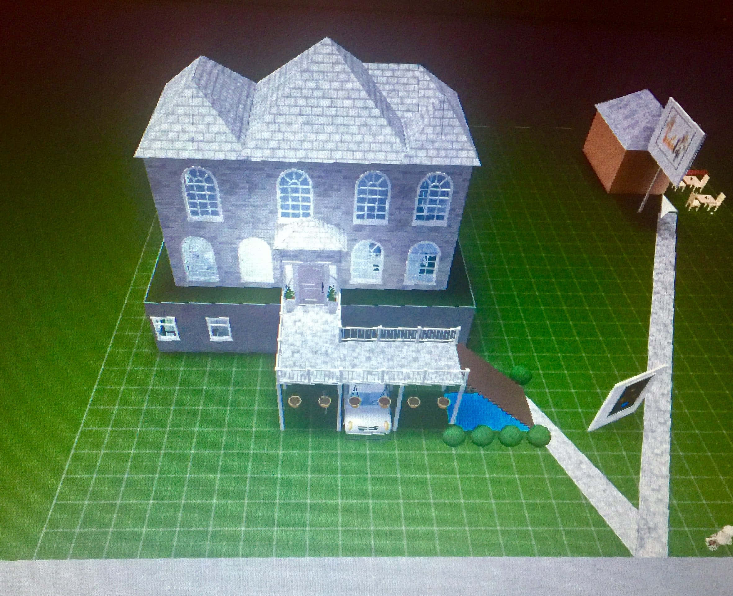 Roblox Bloxburg, blocky gray house, arched windows, Full HD Desktop Wallpaper