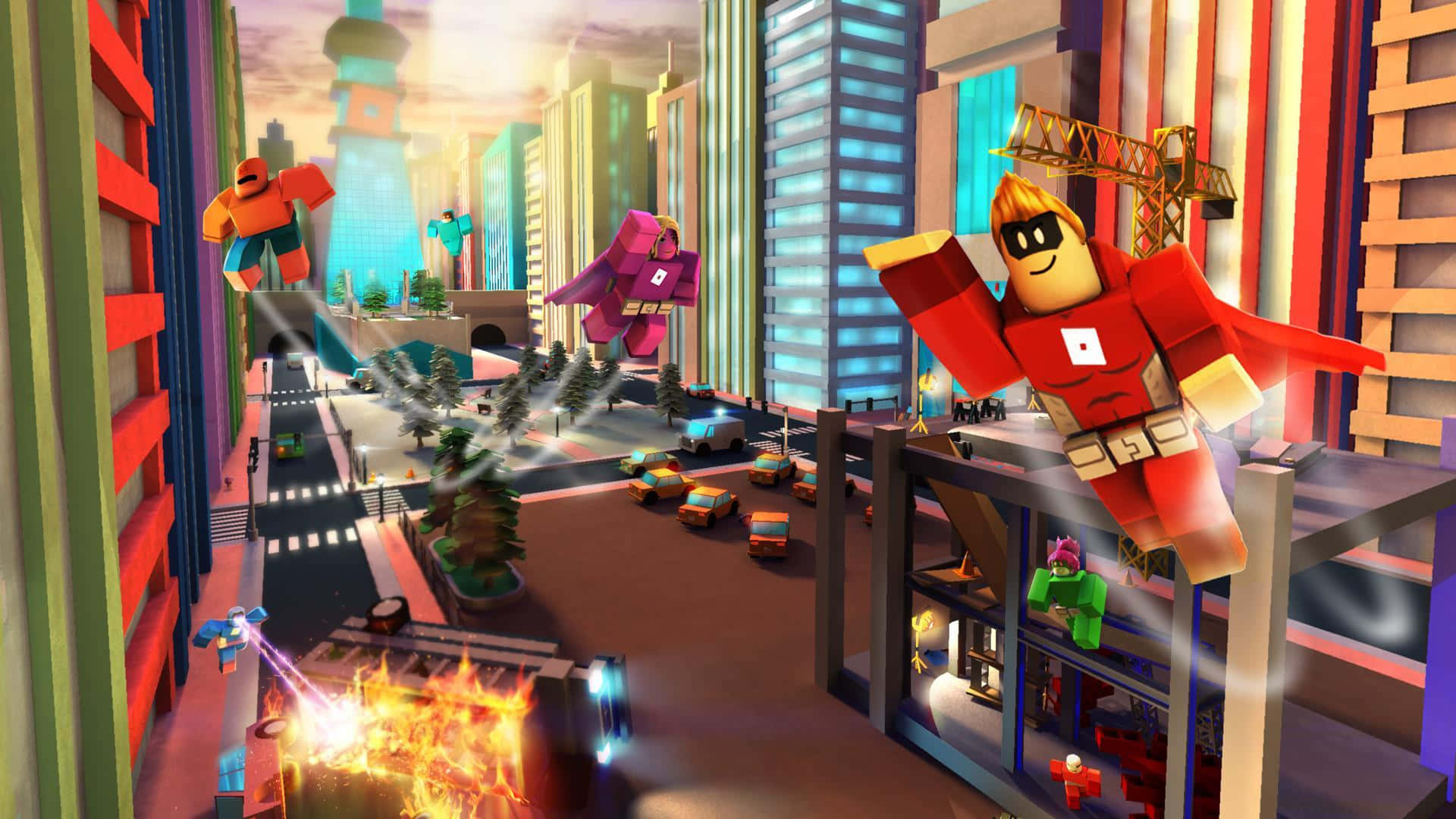 Roblox Character, flying superheroes, colorful cityscape, Full HD Desktop Wallpaper