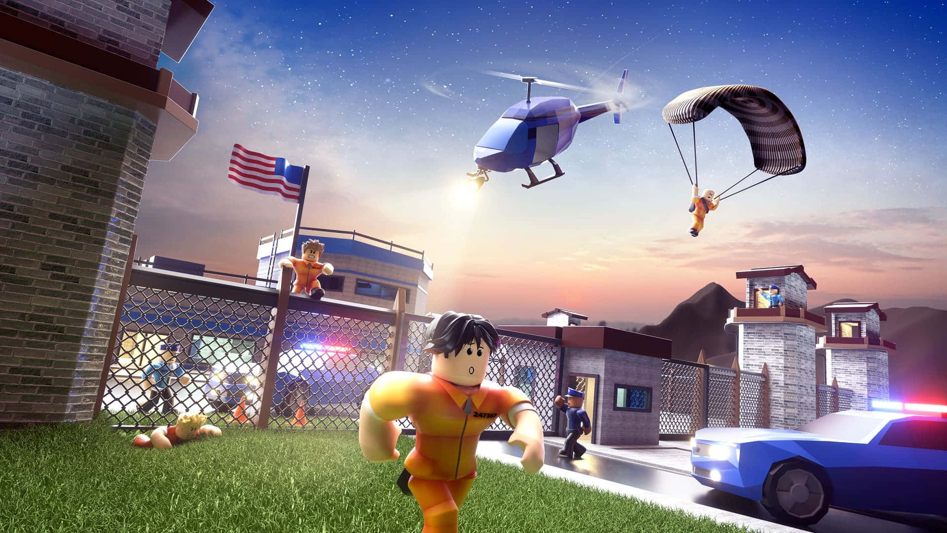 Roblox character, orange jumpsuit, suburban yard, Full HD Desktop Wallpaper