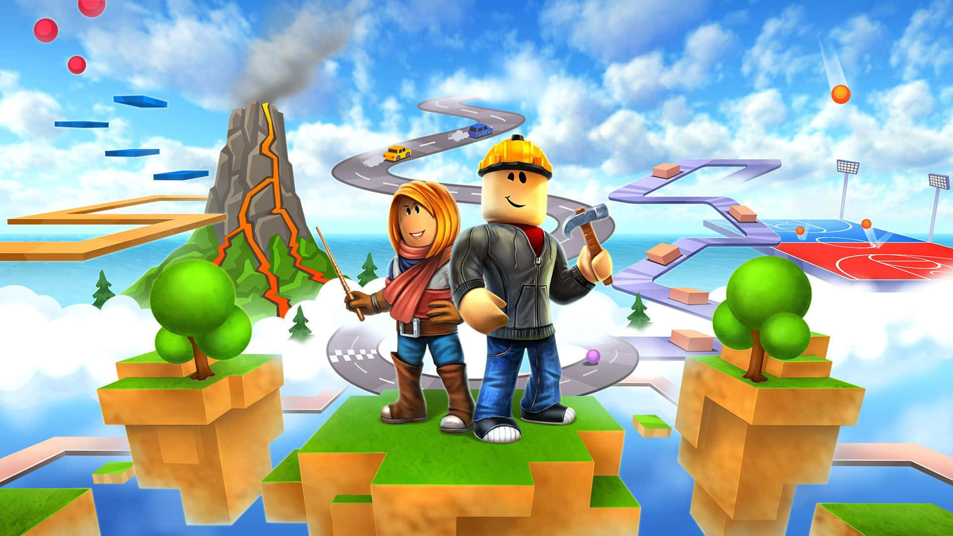 Roblox Character, floating islands, vibrant Roblox-style game world, Full HD Desktop Wallpaper