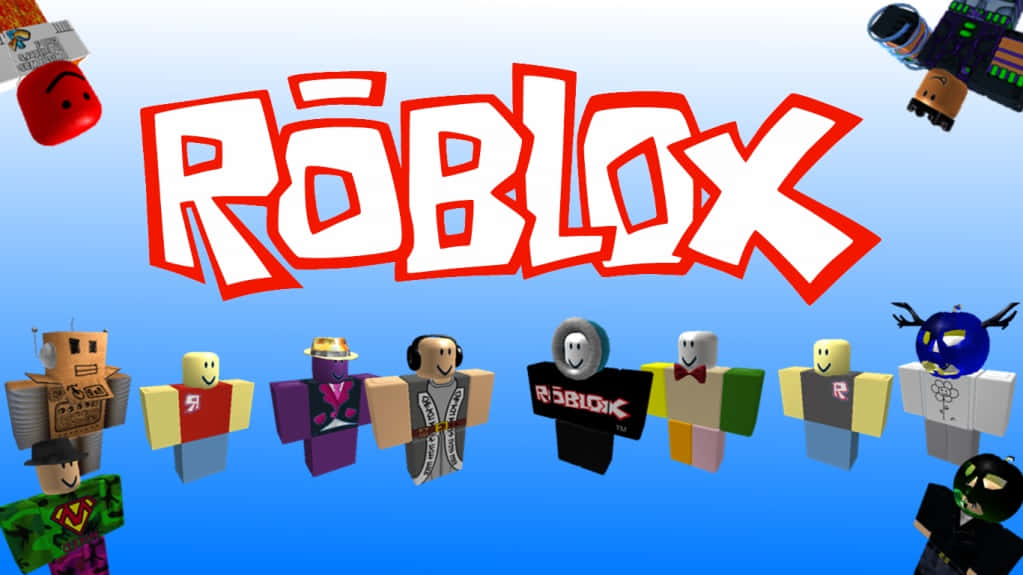 Roblox, colorful blocky avatars, bright blue gradient background, SD Desktop Wallpaper