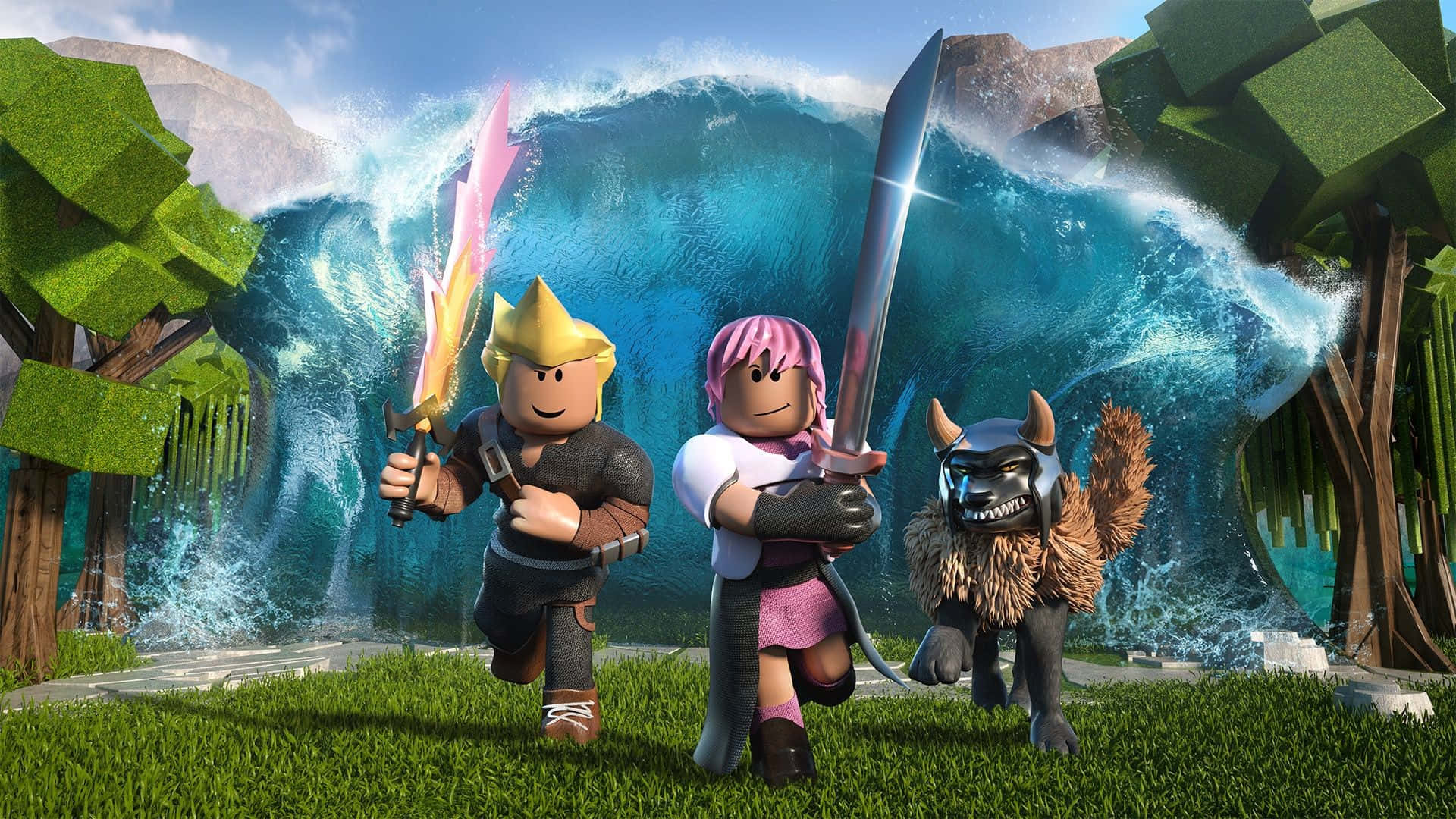 Roblox Character, swords, grass, Full HD Desktop Wallpaper