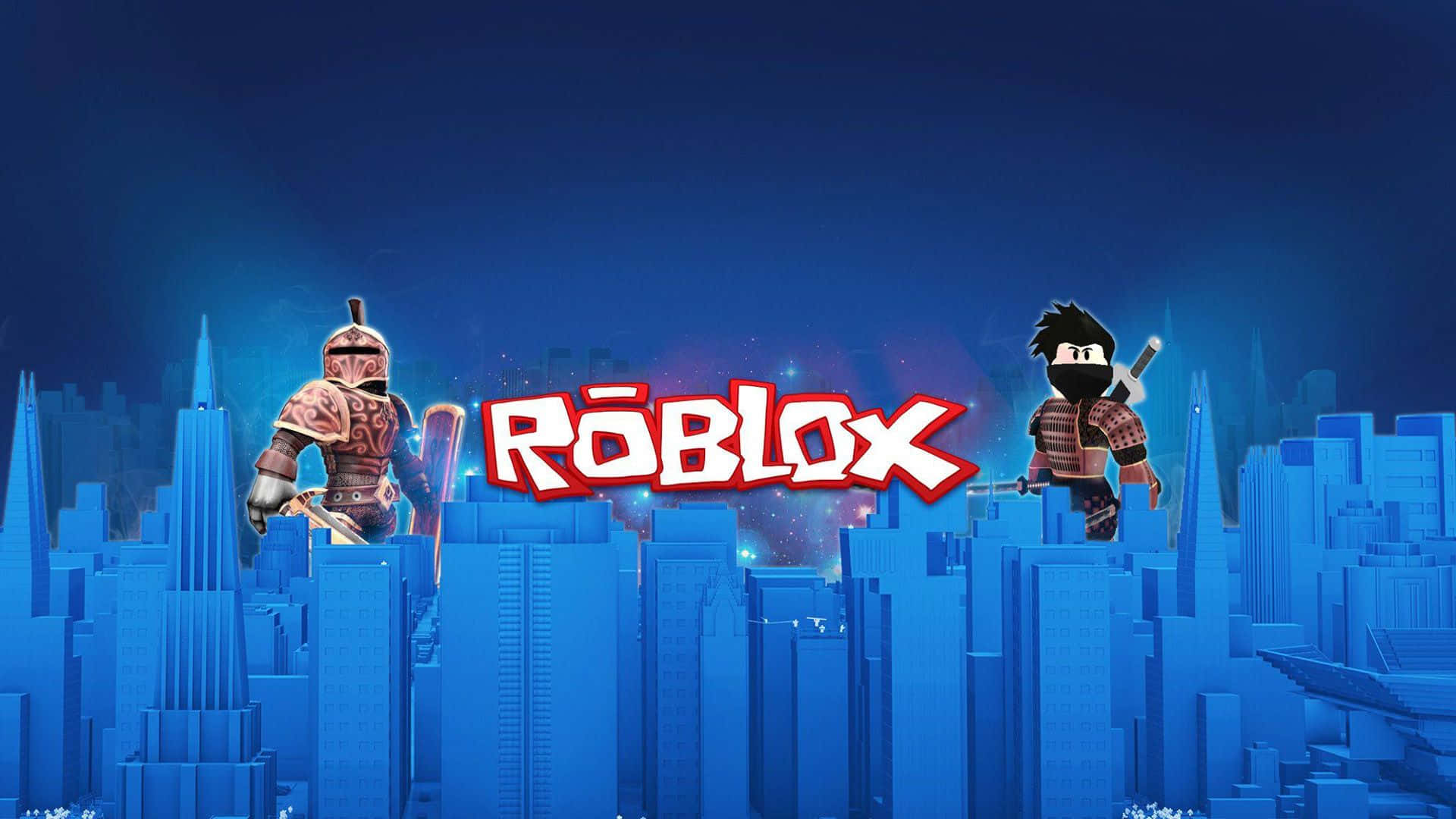Roblox Character, glowing blue skyscrapers, dark sky, Full HD Desktop Wallpaper