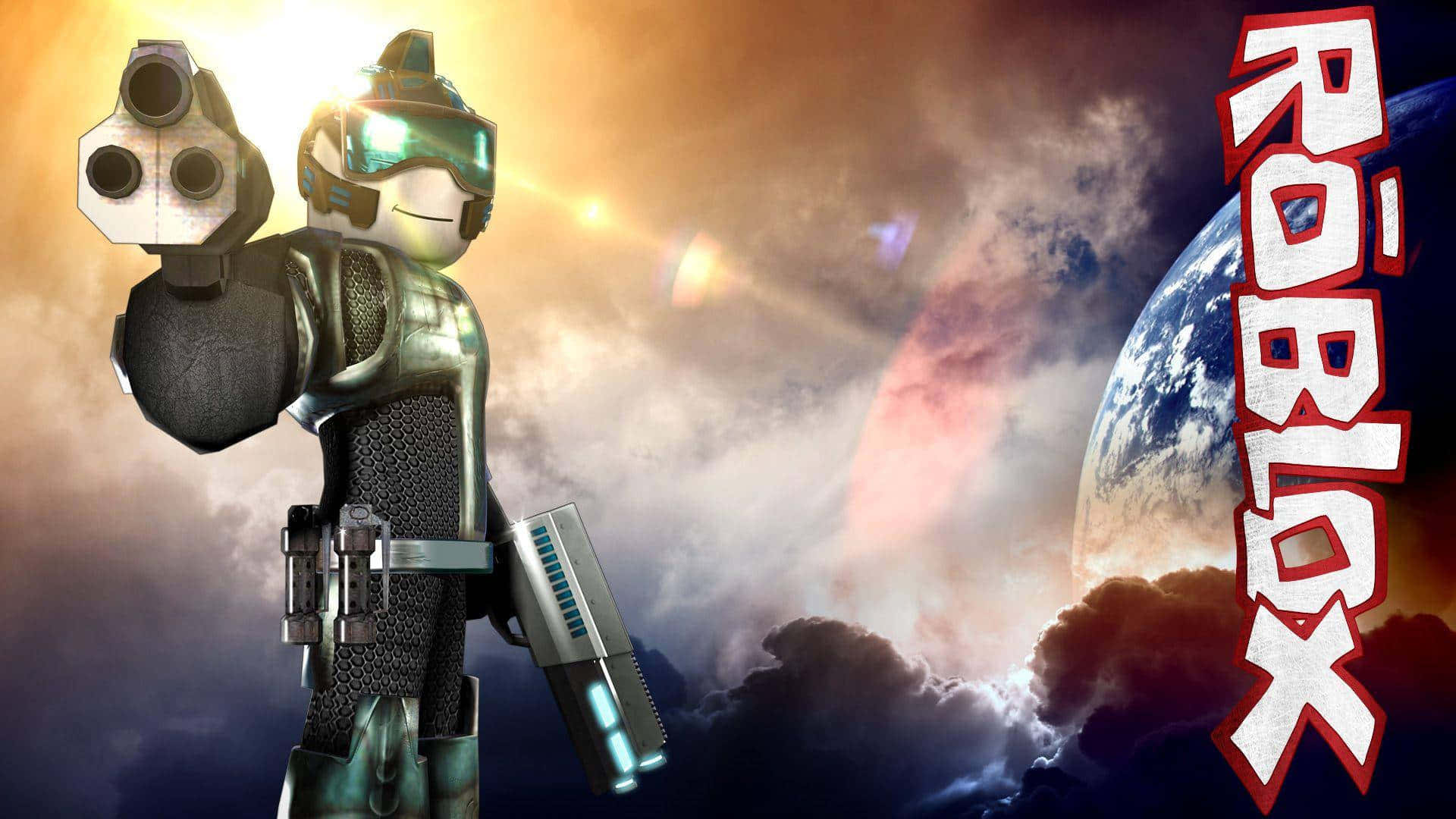 Roblox character, futuristic armor, triple-barrel gun, Full HD Desktop Wallpaper
