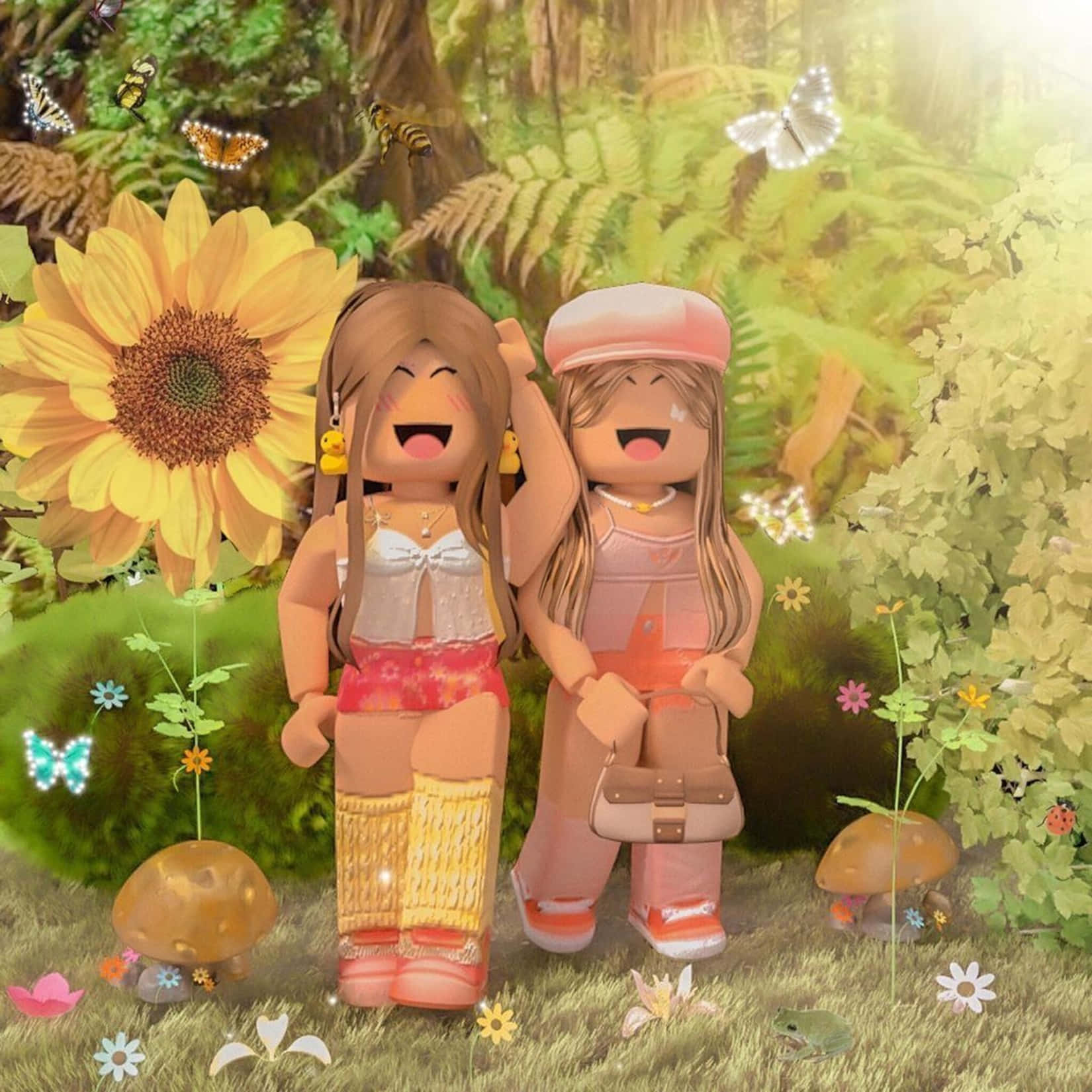 Roblox avatars, sunlit forest, giant sunflowers, HD Desktop Wallpaper