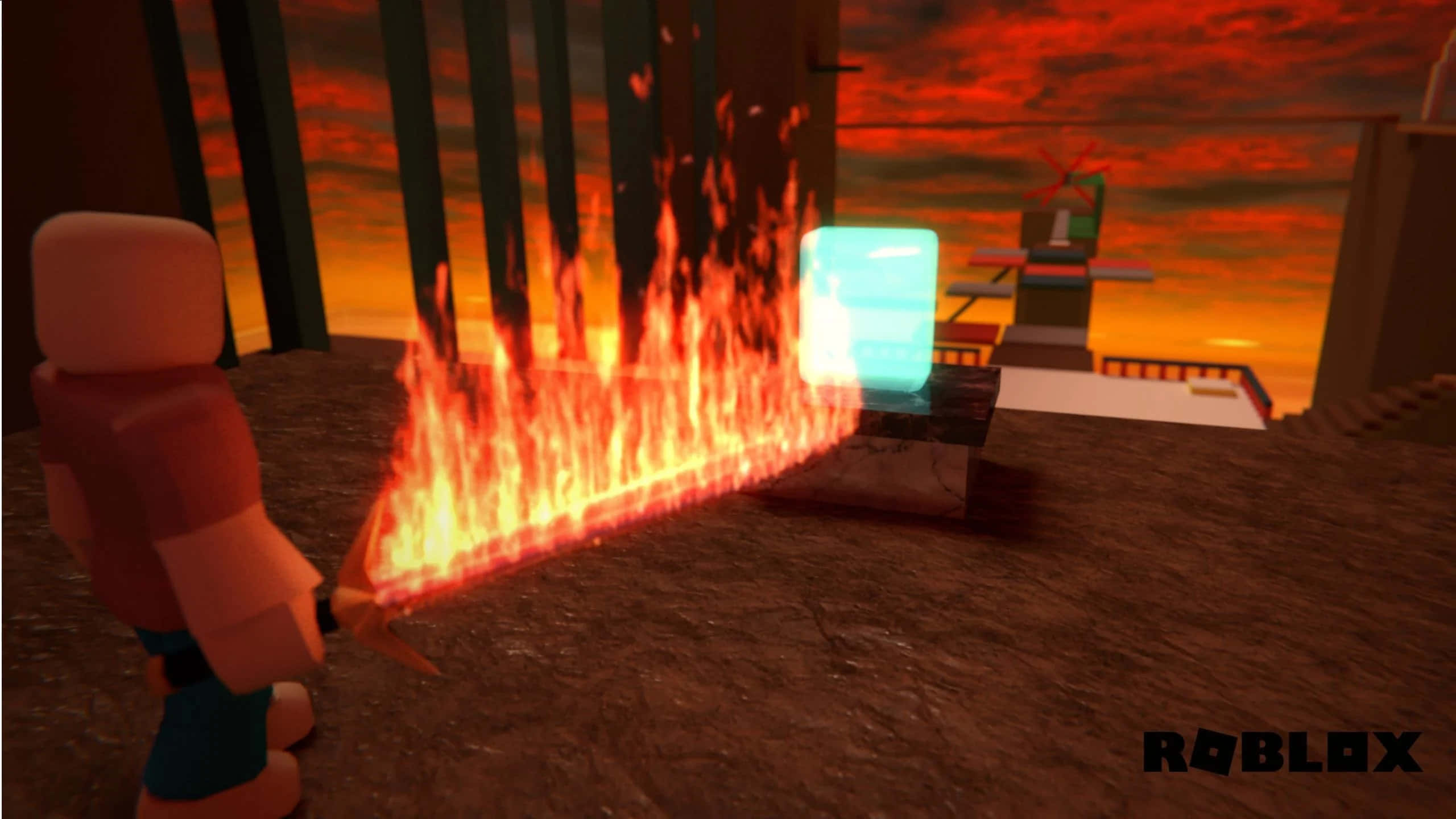 Roblox, flame thrower, glowing blue block, 2K Desktop Wallpaper
