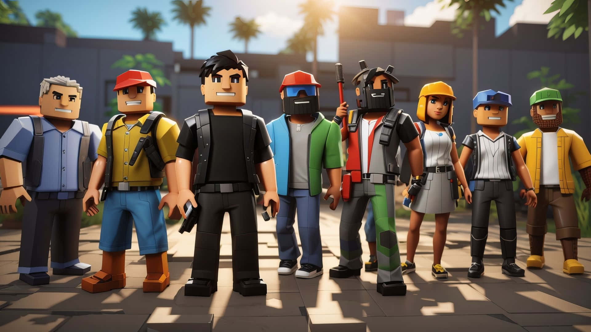 Roblox Characters, blocky cartoon characters, construction gear, Full HD Desktop Wallpaper