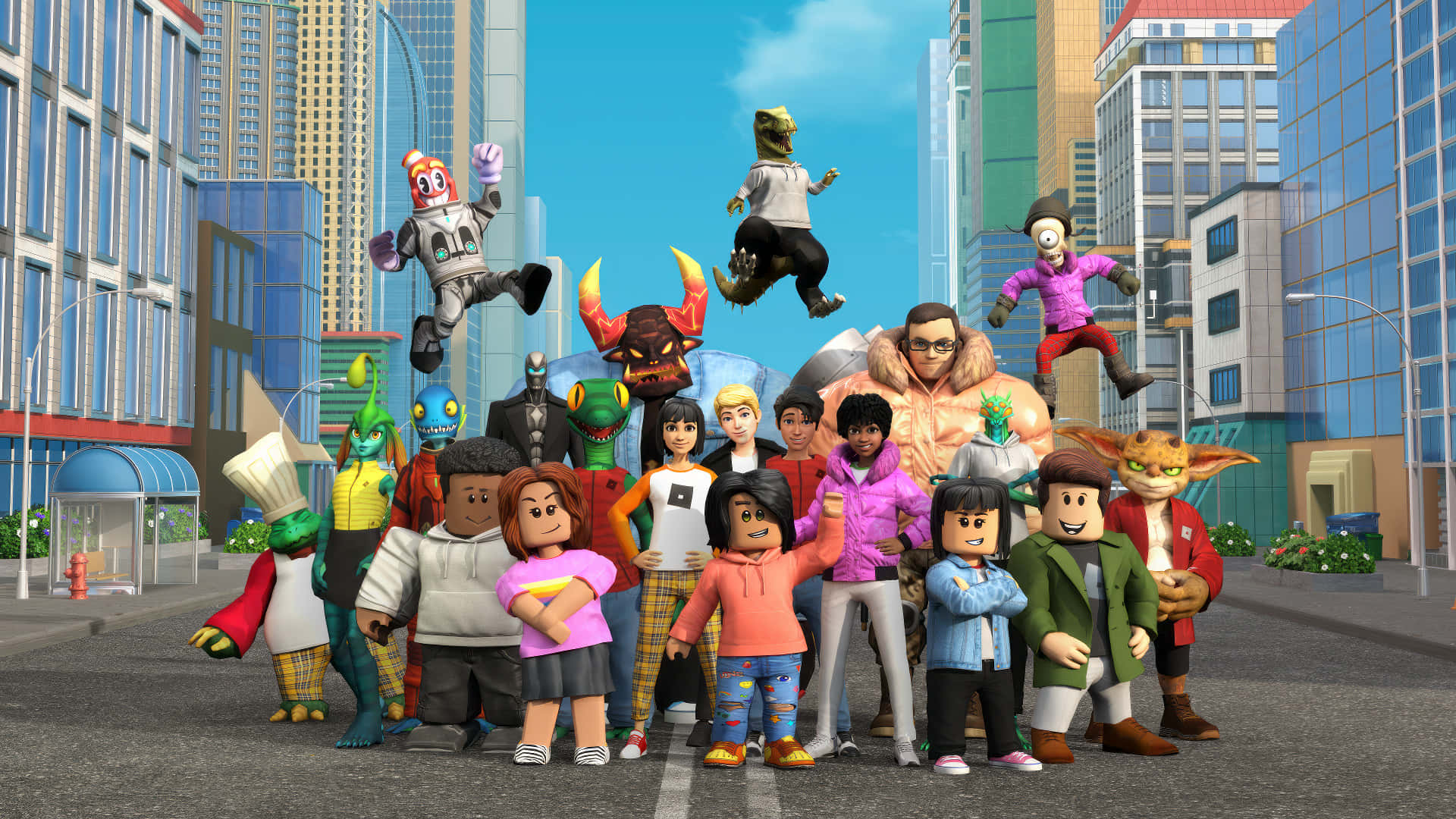 Roblox Characters, city street, skyscrapers, Full HD Desktop Wallpaper