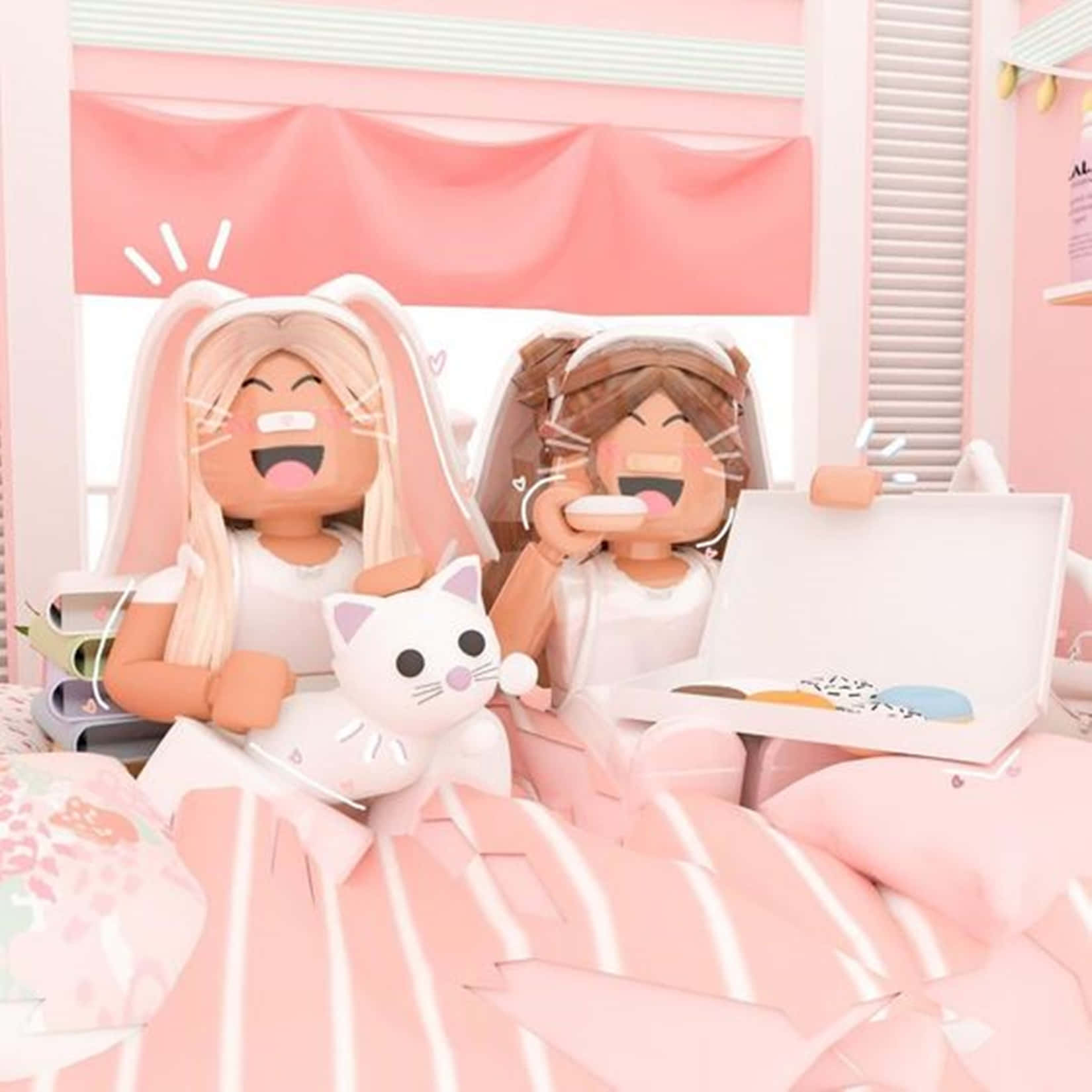 Roblox avatars, bunny ears, pink striped bed, HD Desktop Wallpaper