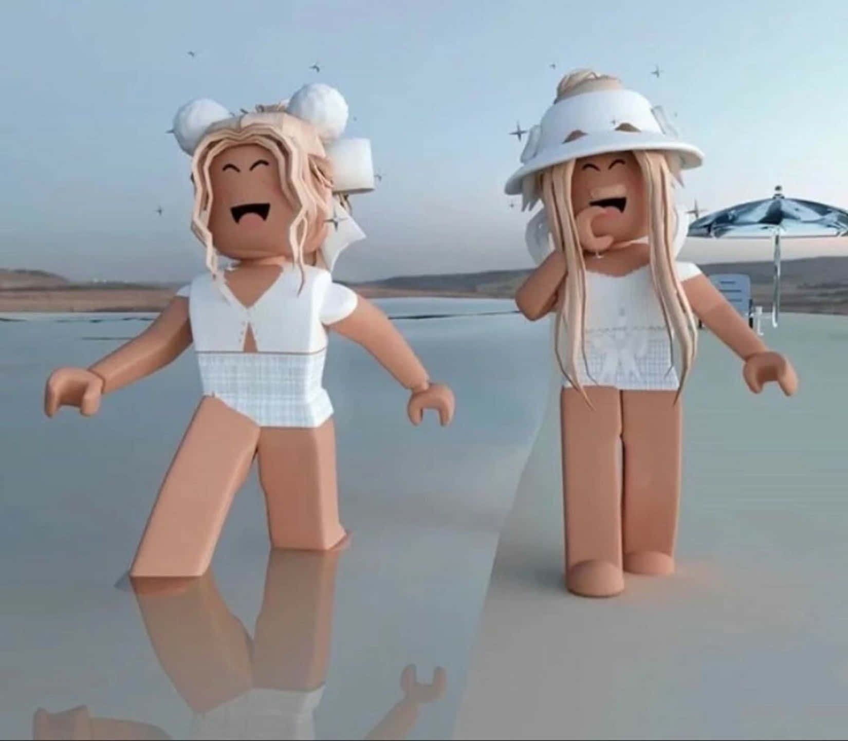 Roblox avatars, white outfits, reflective salt flat, HD Desktop Wallpaper