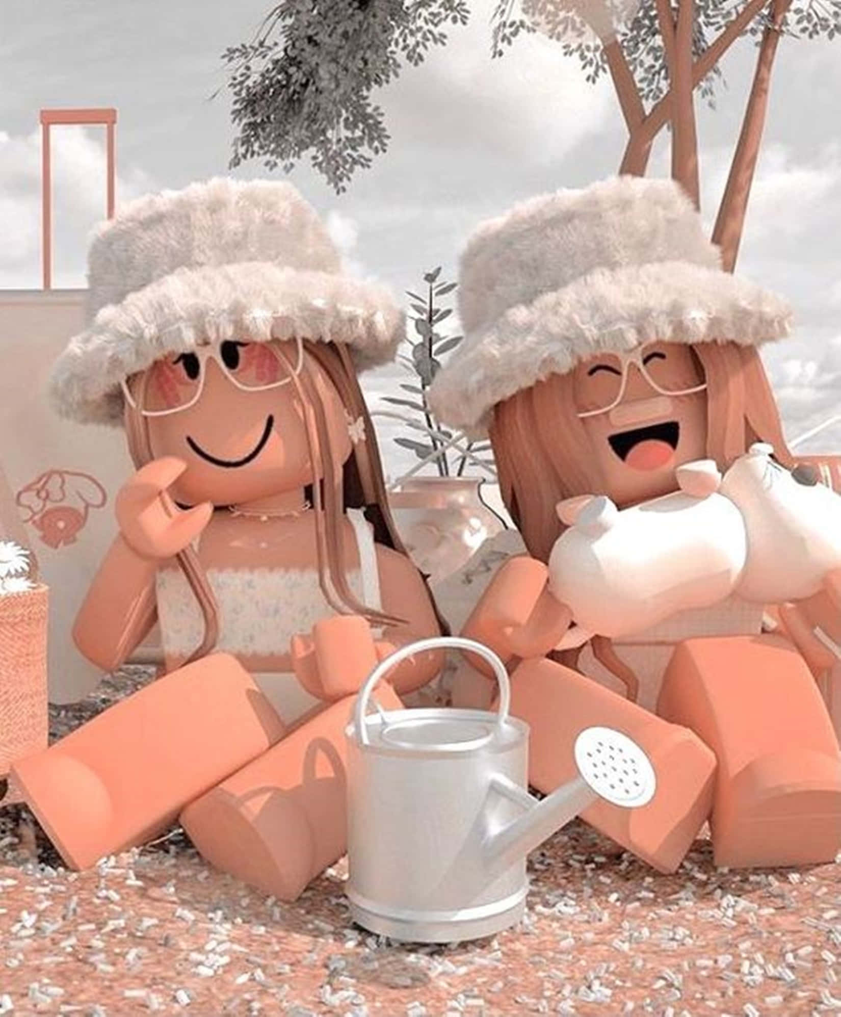 Roblox-style avatars, fluffy hats, terracotta blocks, Full HD Phone Wallpaper