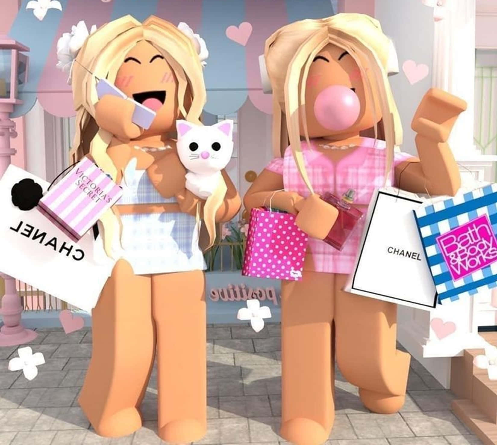 Roblox avatars, blonde hair, pastel pink storefront, HD Desktop Wallpaper