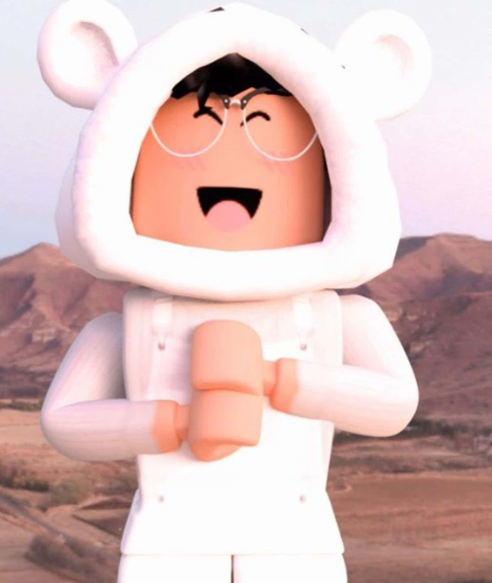 Roblox, white bear hoodie, desert mountain backdrop, Full HD Phone Wallpaper