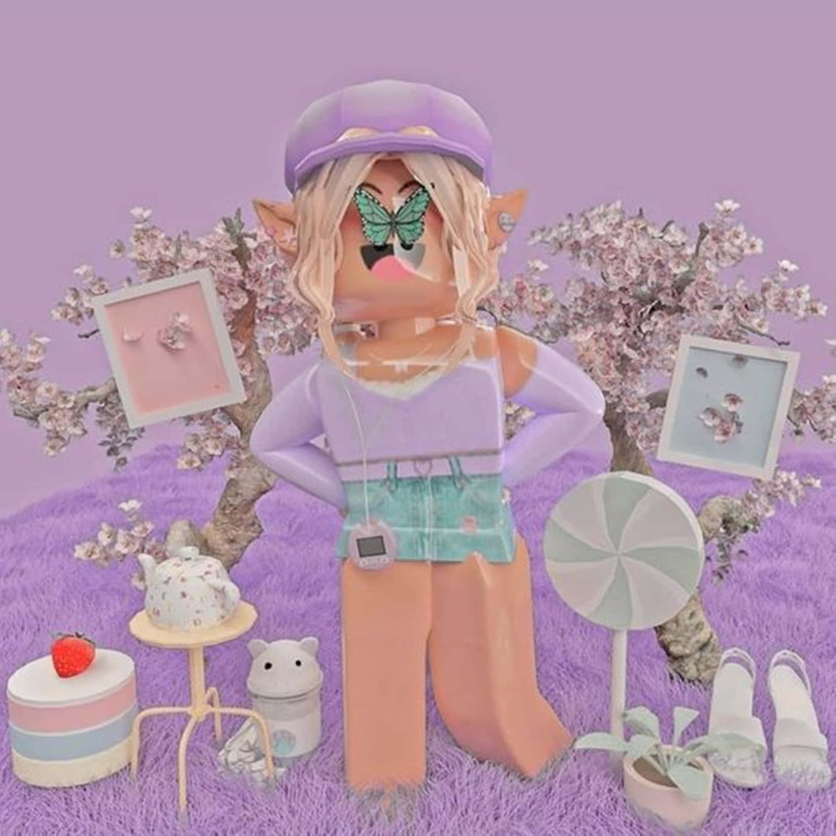 Roblox Gfx Girl, butterfly glasses, pastel purple field, HD Desktop Wallpaper