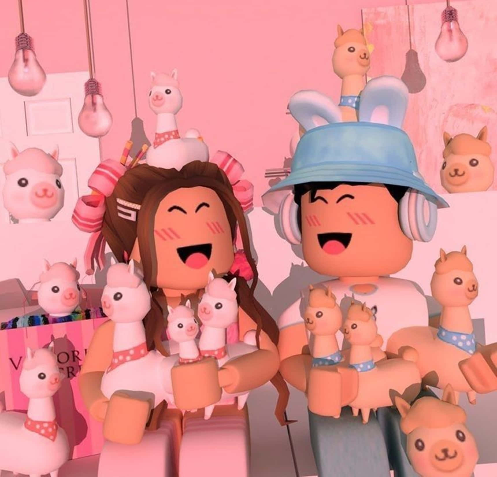 Roblox avatars, pink alpacas, pastel pink room, HD Desktop Wallpaper