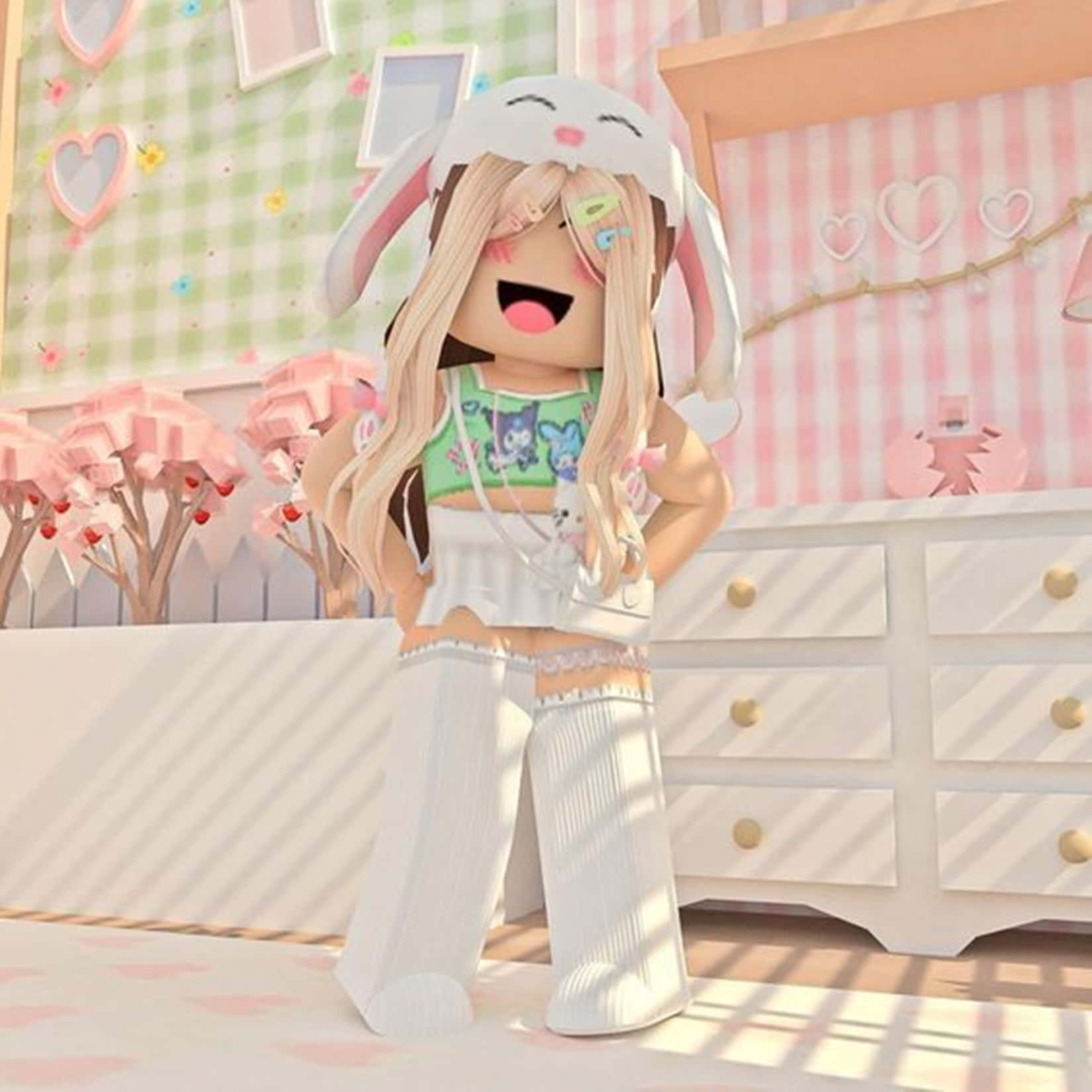 Roblox, bunny hat, pastel pink and green, HD Desktop Wallpaper