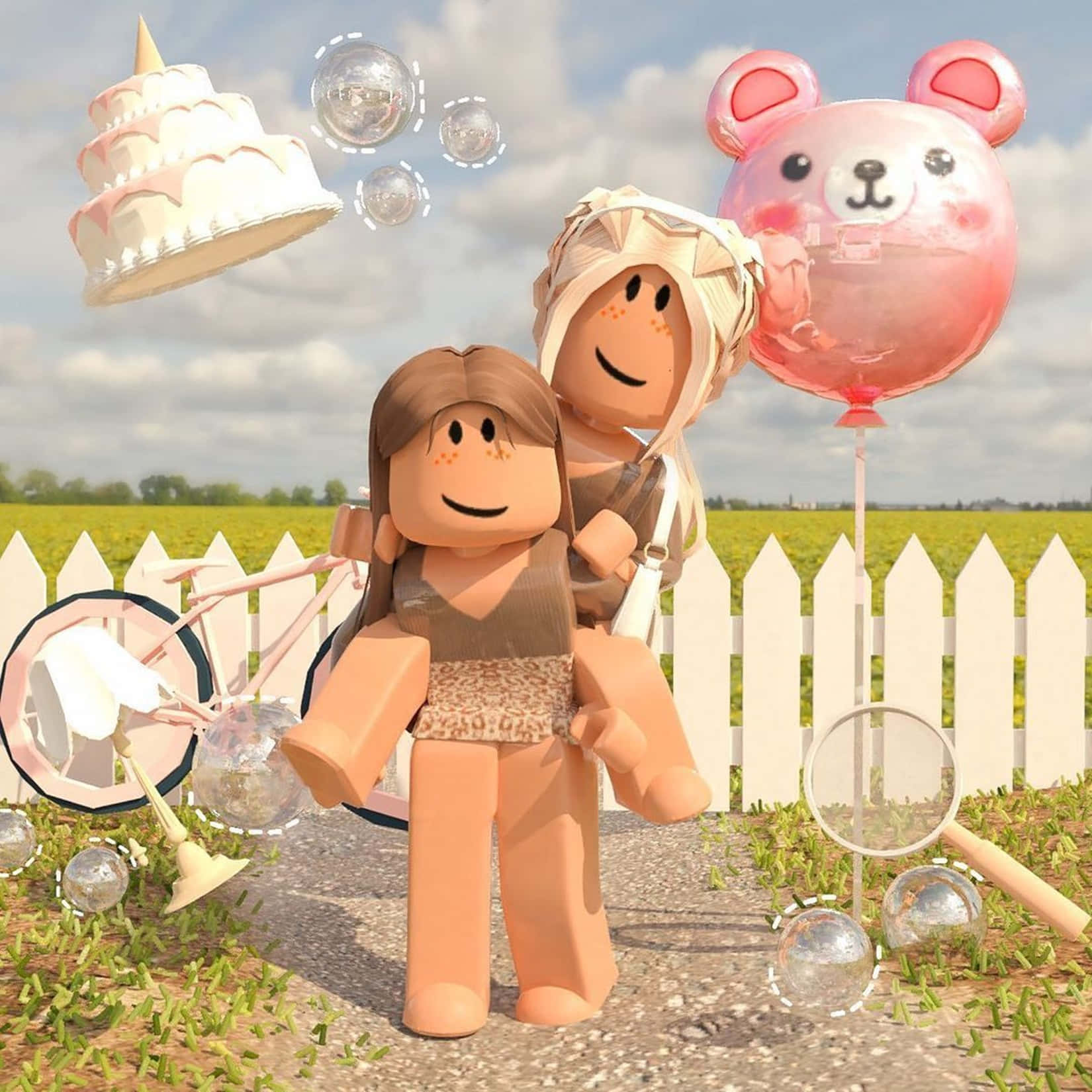 Roblox avatars, sunny field, white picket fence, HD Desktop Wallpaper