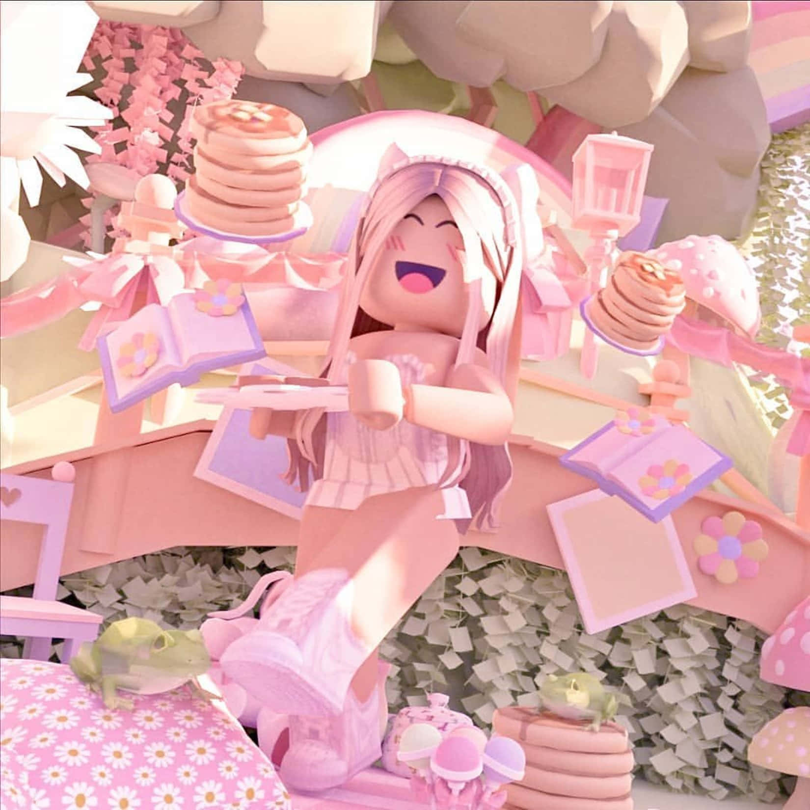 Roblox girl, pink outfit, floating pancakes, HD Desktop Wallpaper