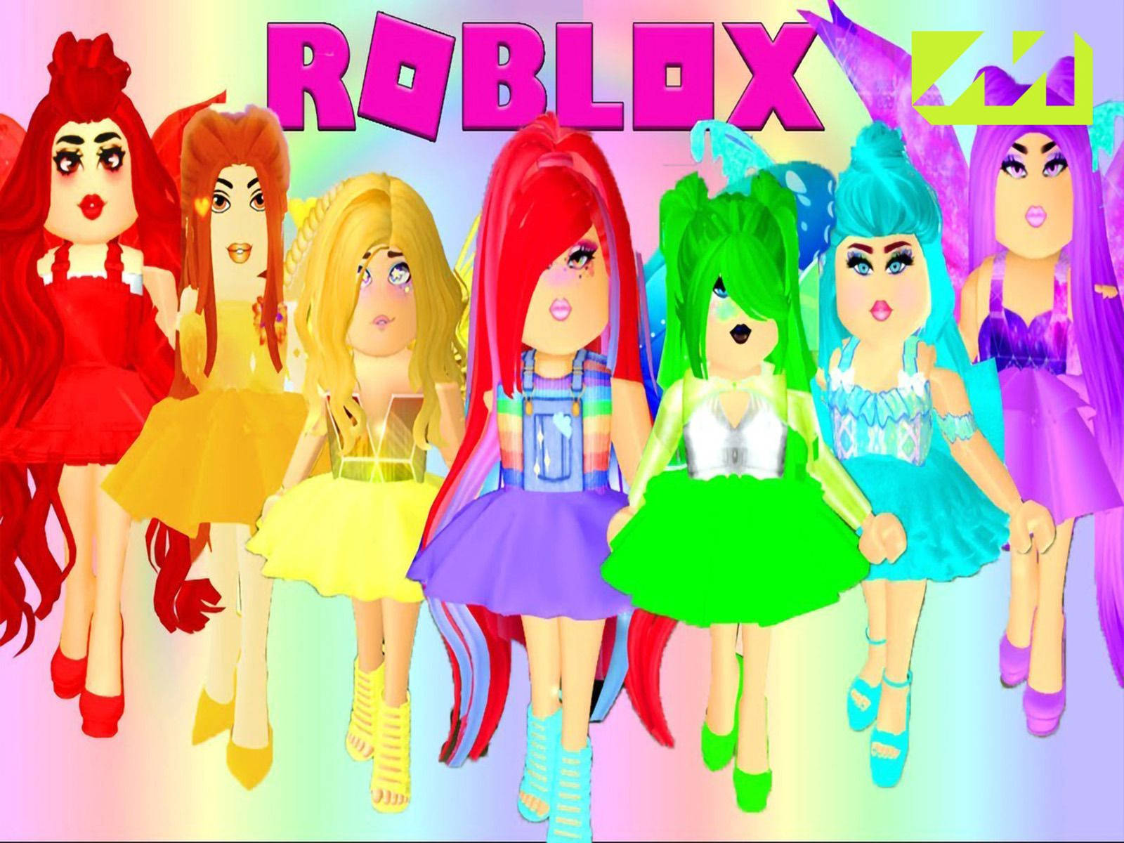 Roblox avatars, vibrant dresses, rainbow gradient background, HD Desktop Wallpaper