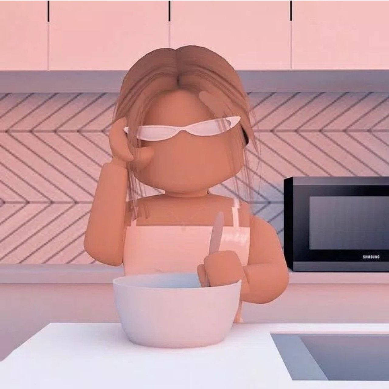 Roblox character, white sunglasses, pastel pink kitchen, HD Phone Wallpaper