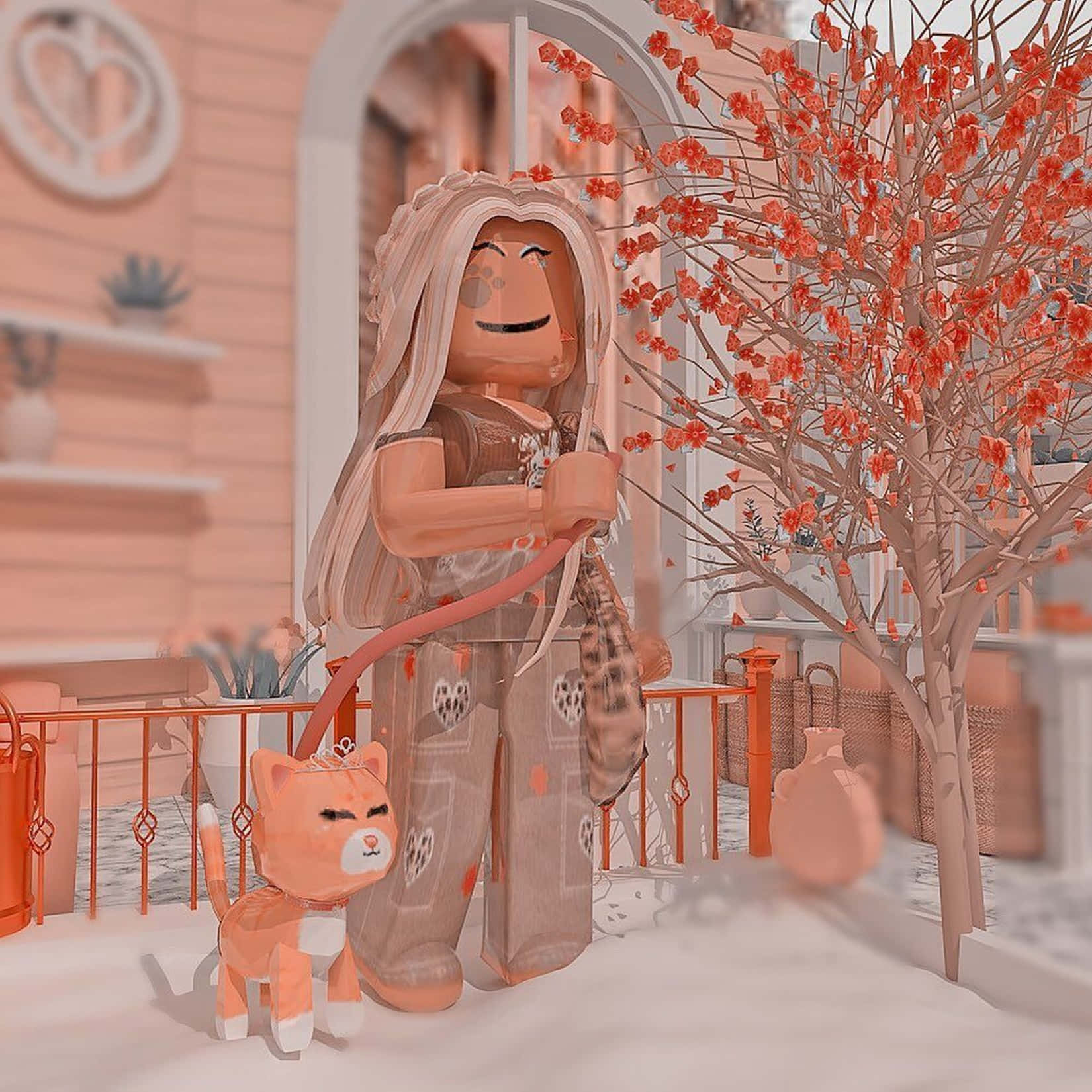 Roblox-style character, long hair, small cat, HD Desktop Wallpaper