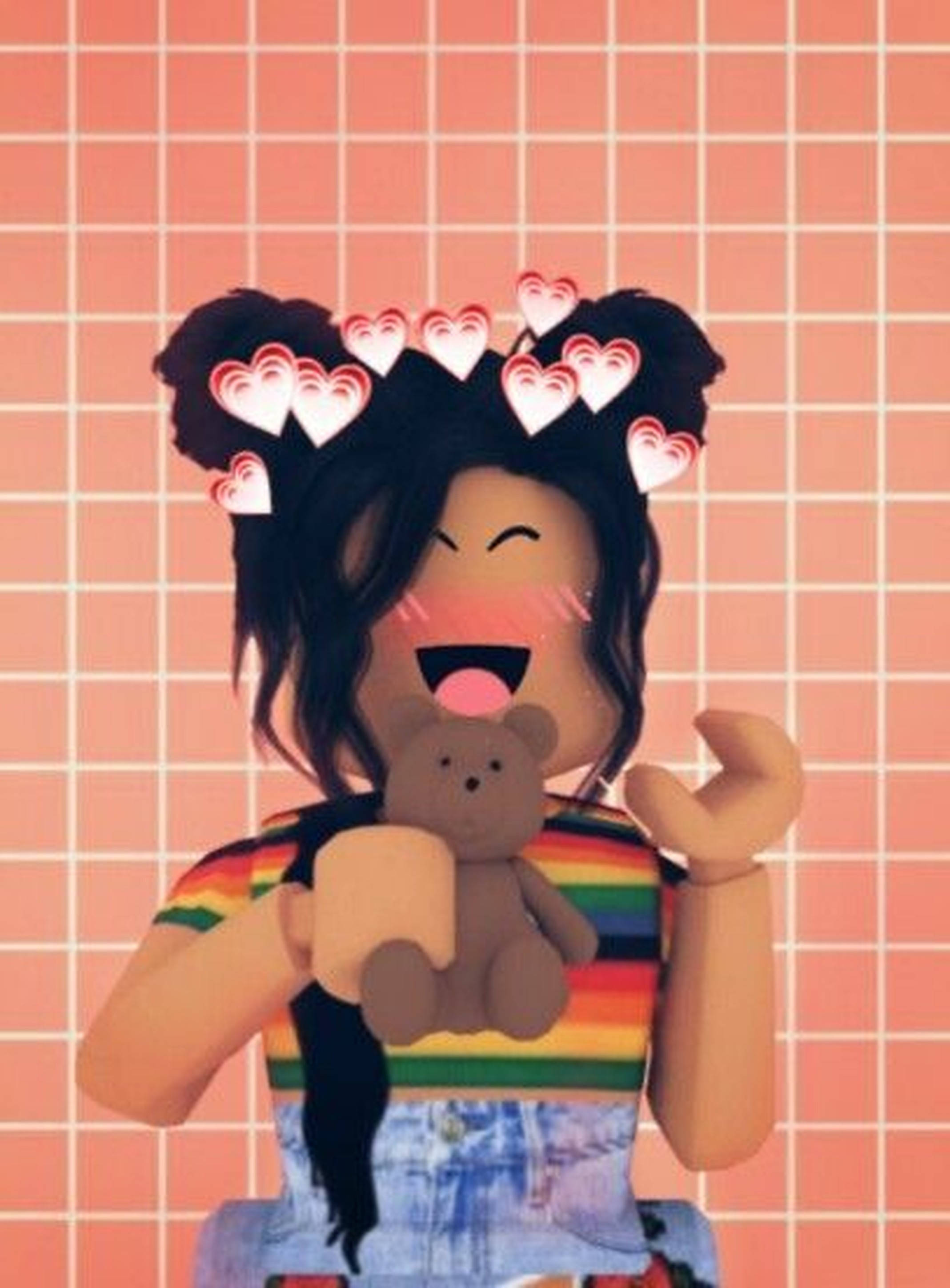 Roblox Girl, teddy bear, heart emojis, 2K Phone Wallpaper