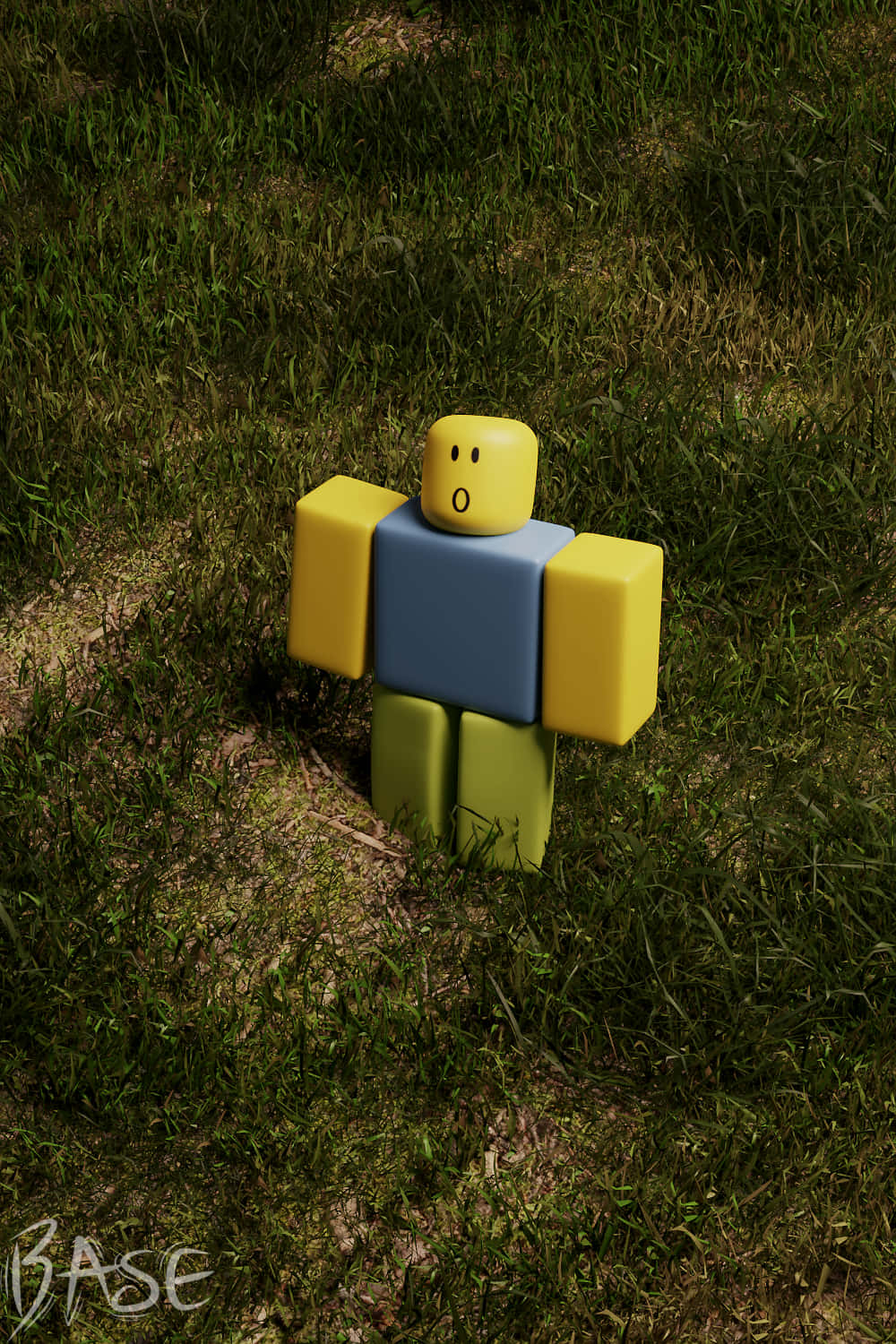 Roblox, blocky yellow blue and green Roblox avatar, sunlit green grass, HD Phone Wallpaper