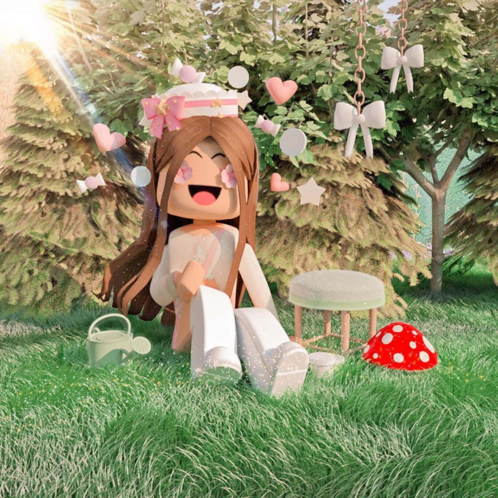 Roblox Gfx, long brown hair, pink bow, HD Desktop Wallpaper
