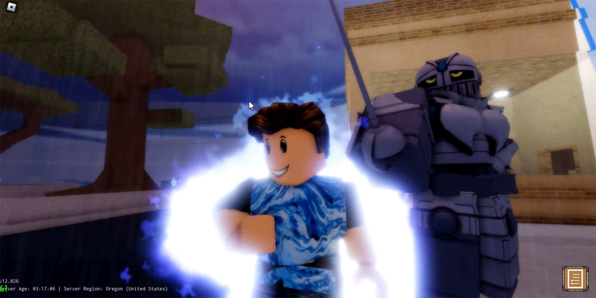 Roblox character, blue patterned shirt, bright white energy, Full HD Desktop Wallpaper