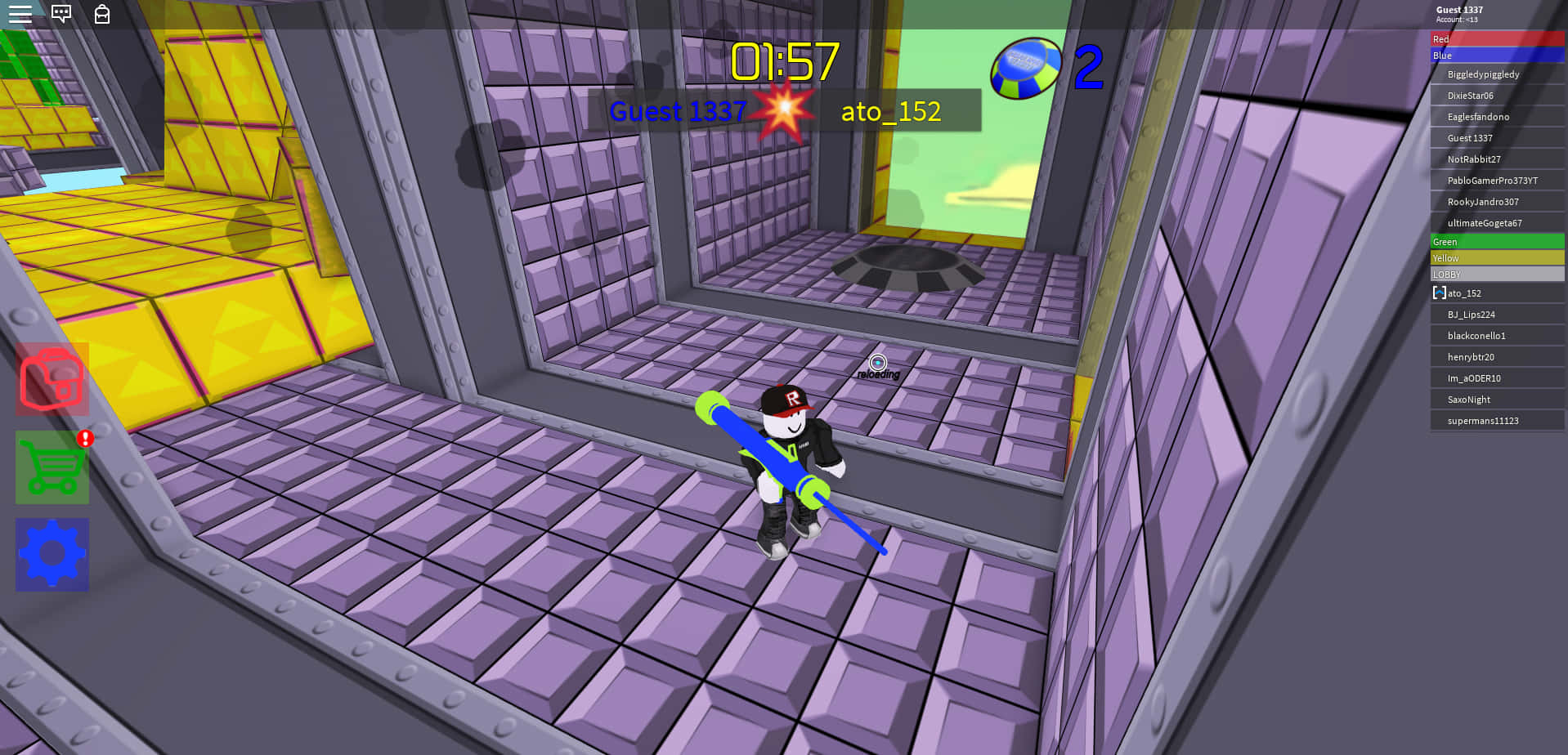 Roblox Guest, glowing blue weapon, purple and yellow blocky corridor, HD Desktop Wallpaper