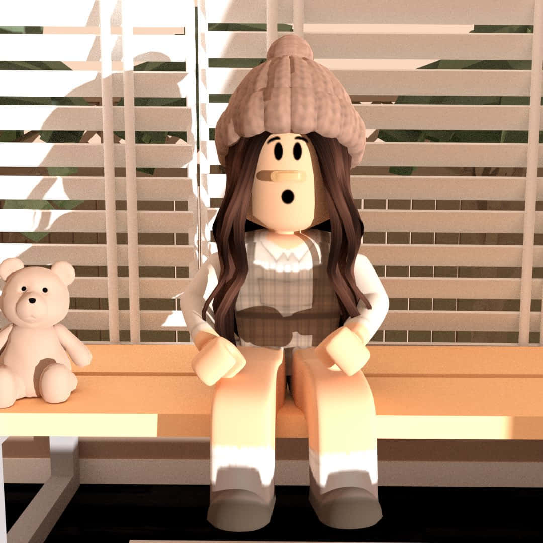 Roblox-style girl, long brown hair, knit hat, SD Desktop Wallpaper