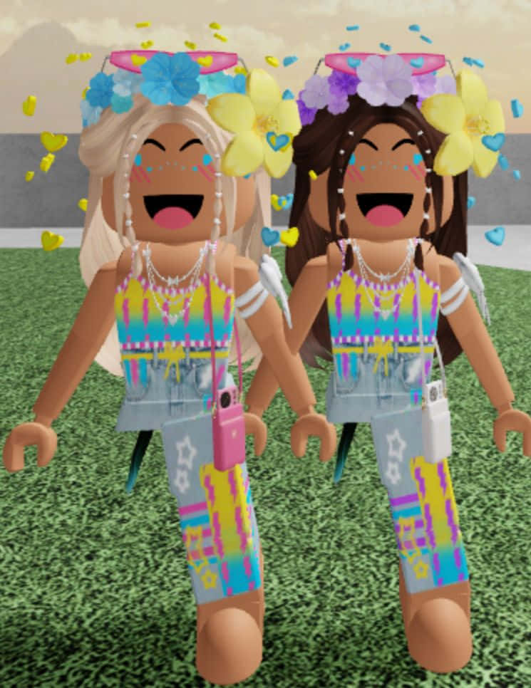 Roblox avatars, flower crowns, heart confetti, SD Phone Wallpaper