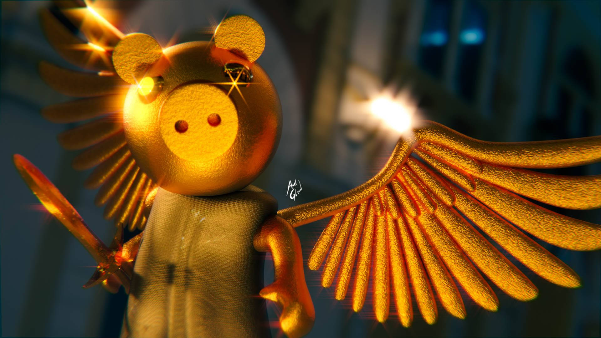 Roblox Piggy, golden pig, glowing wings, Full HD Desktop Wallpaper