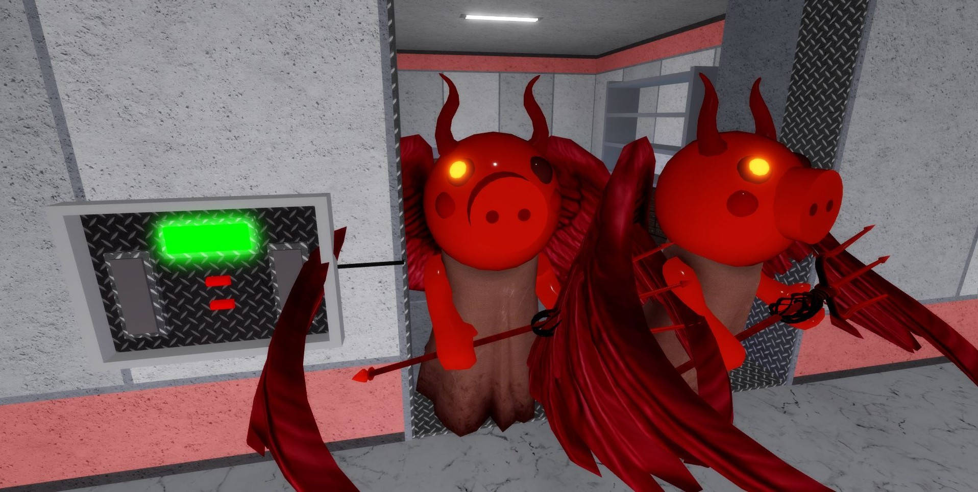 Roblox Piggy, red devil pig creatures, glowing eyes, HD Desktop Wallpaper
