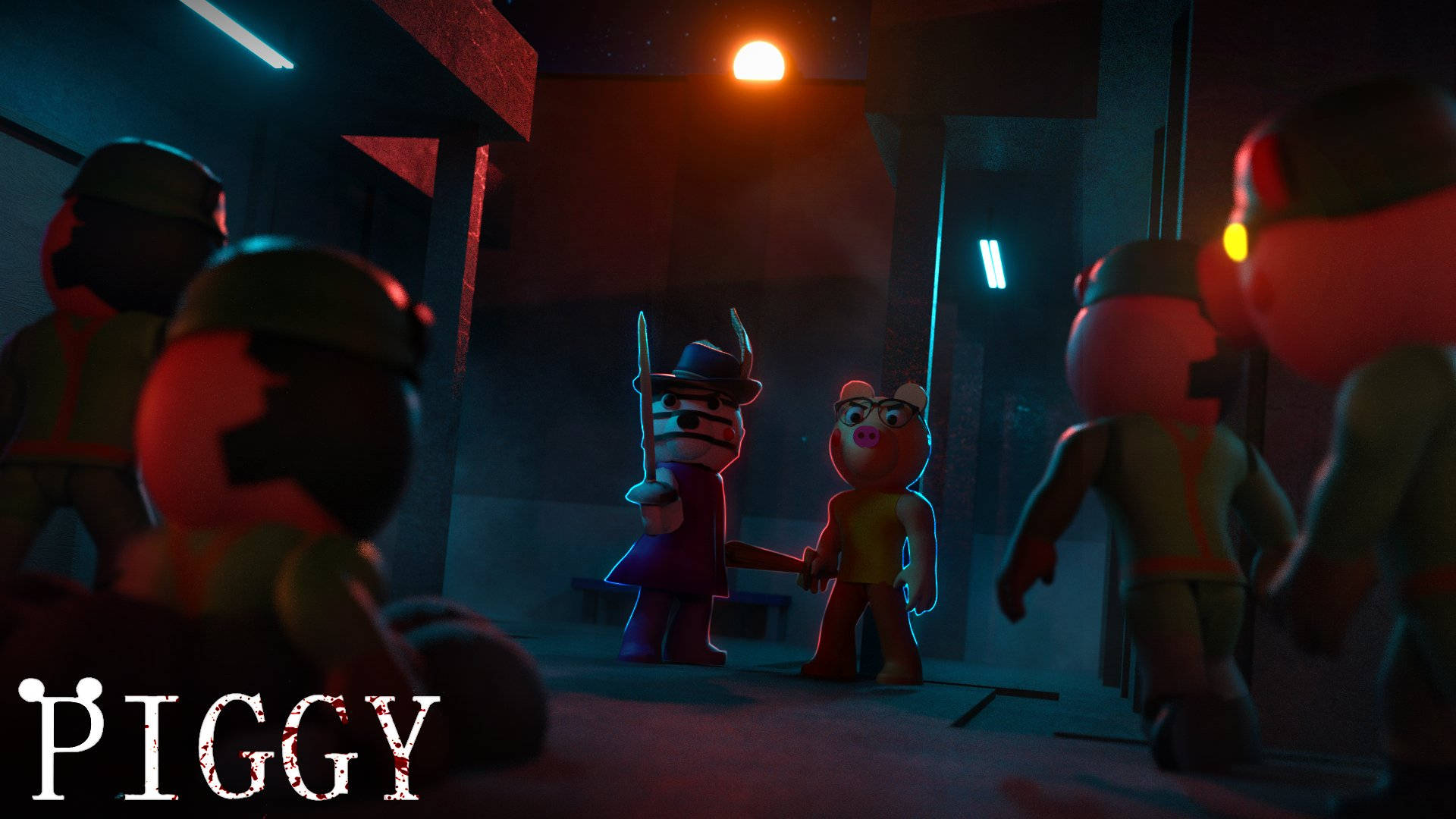 Roblox Piggy, Piggy, neon lights, Full HD Desktop Wallpaper