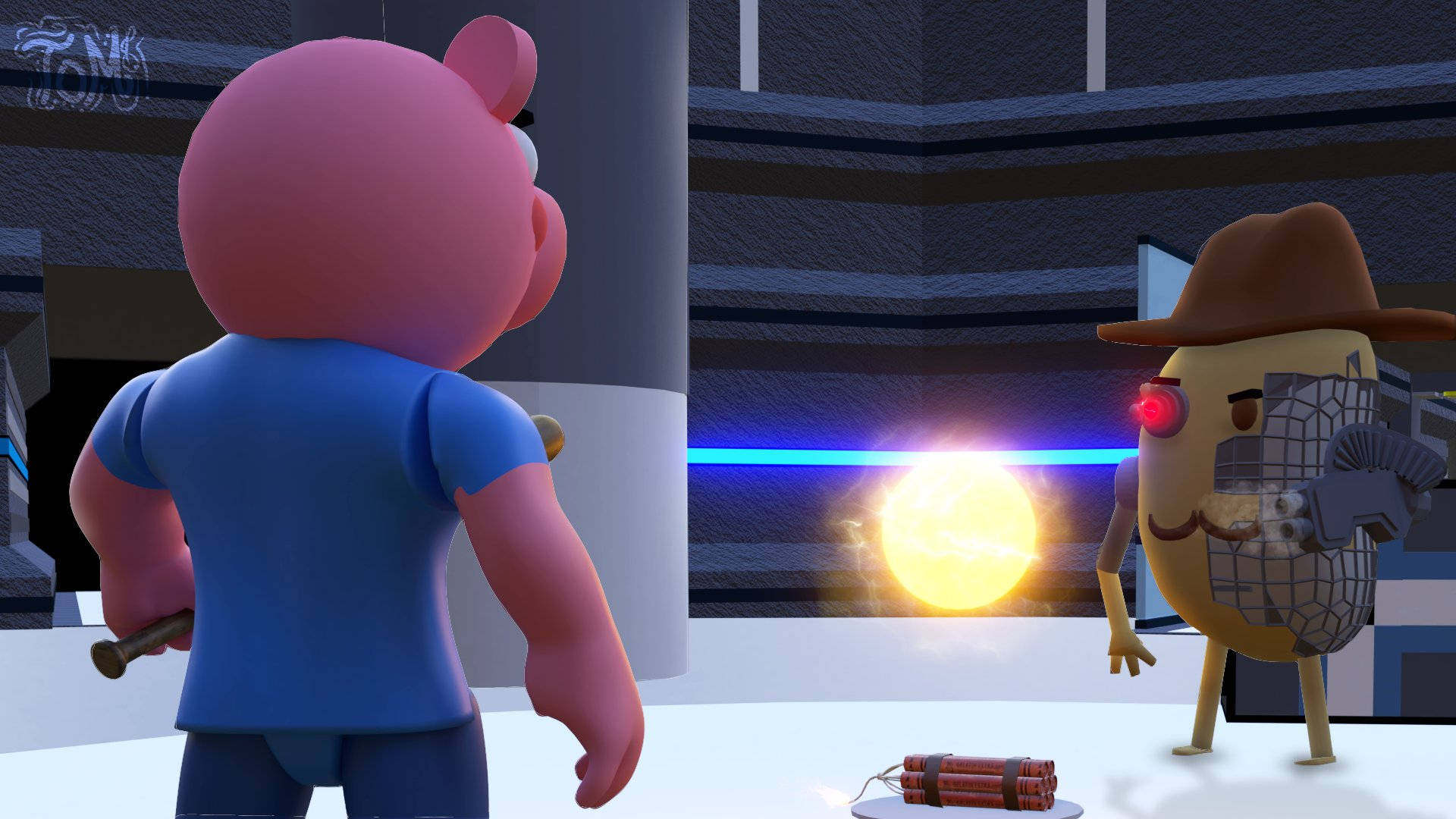 Roblox Piggy, pink cartoon pig, blue shirt, Full HD Desktop Wallpaper