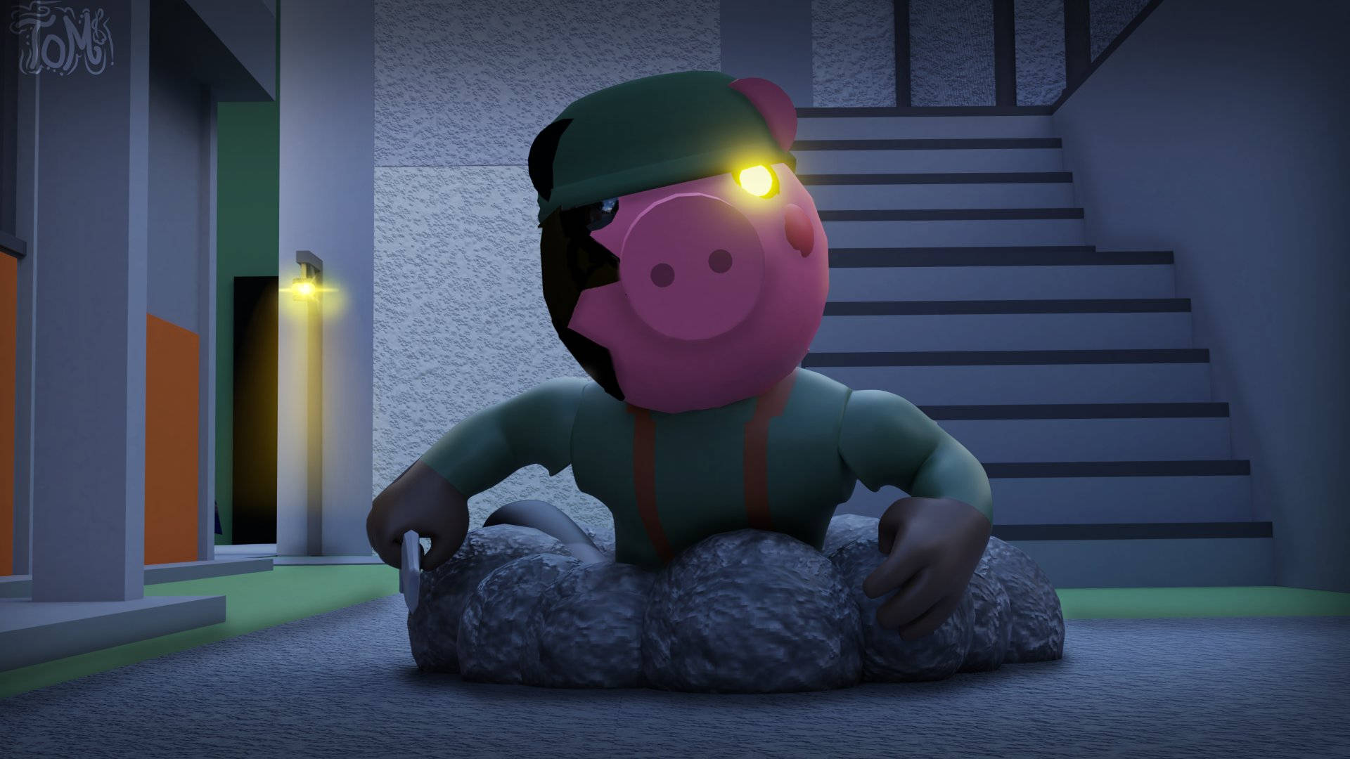 Roblox Piggy, green cap, shirt, Full HD Desktop Wallpaper
